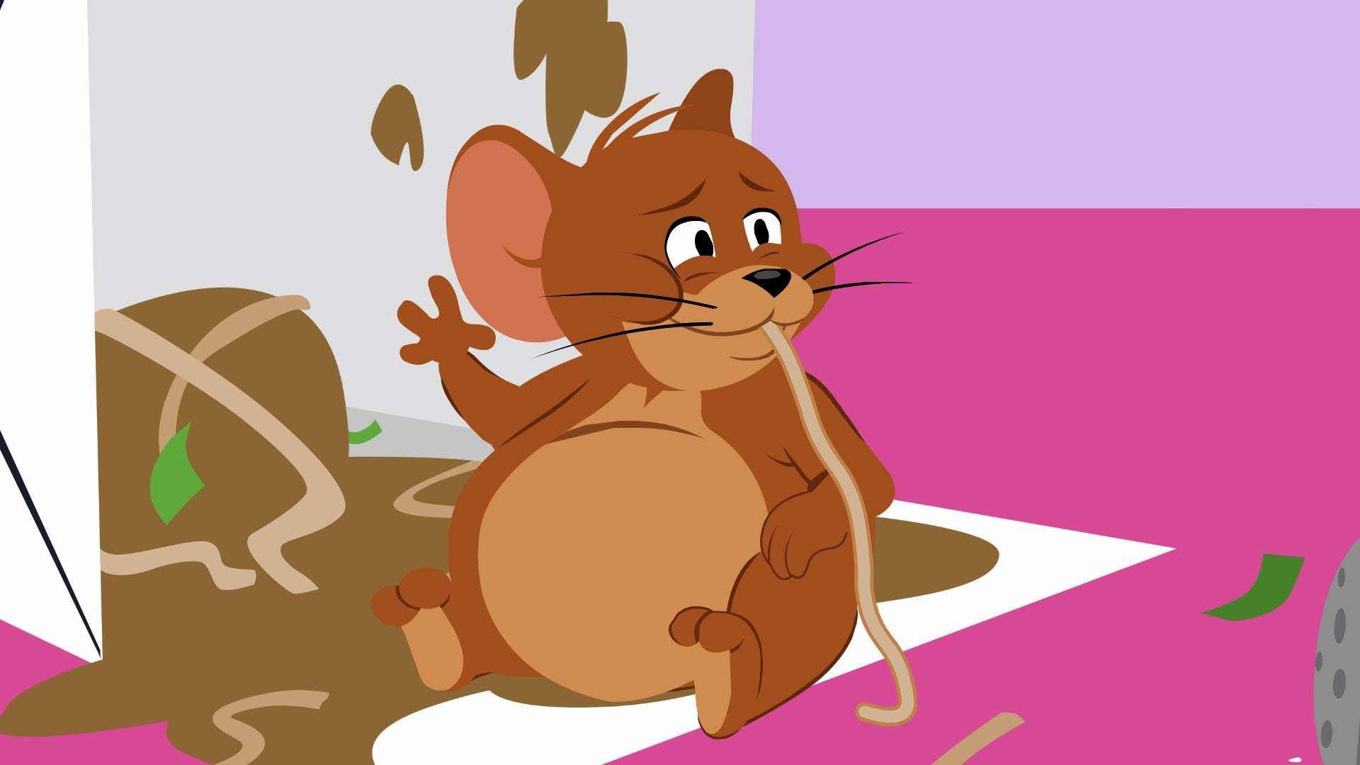Jerry 桌布 壁紙 — 一隻卡通老鼠坐在一堆亂七八糟的棕色黏液中，表情驚訝，一隻爪子舉起。