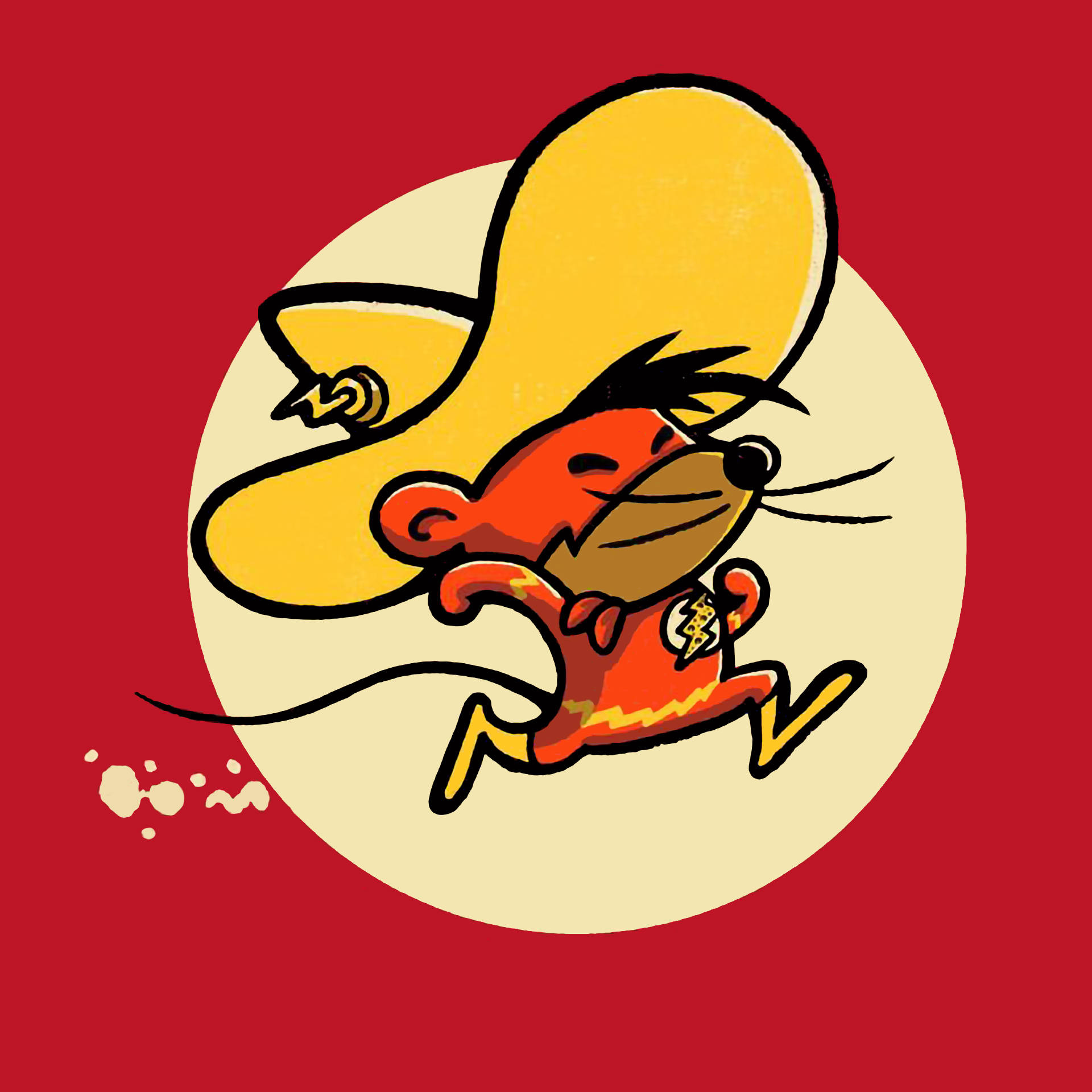 Speedy Gonzales 桌布 壁紙 — 一隻卡通老鼠戴著黃色闊邊帽、穿著紅色超級英雄服裝，在鮮紅色背景上充滿活力地奔跑。