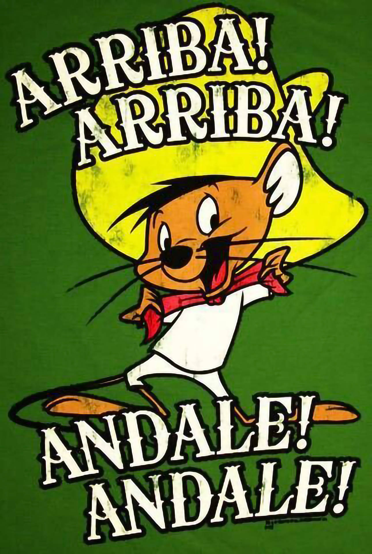 Speedy Gonzales 桌布 壁紙 — 一隻卡通老鼠戴著黃色闊邊帽和紅色蝴蝶結，在純綠色背景前高舉雙臂歡呼。