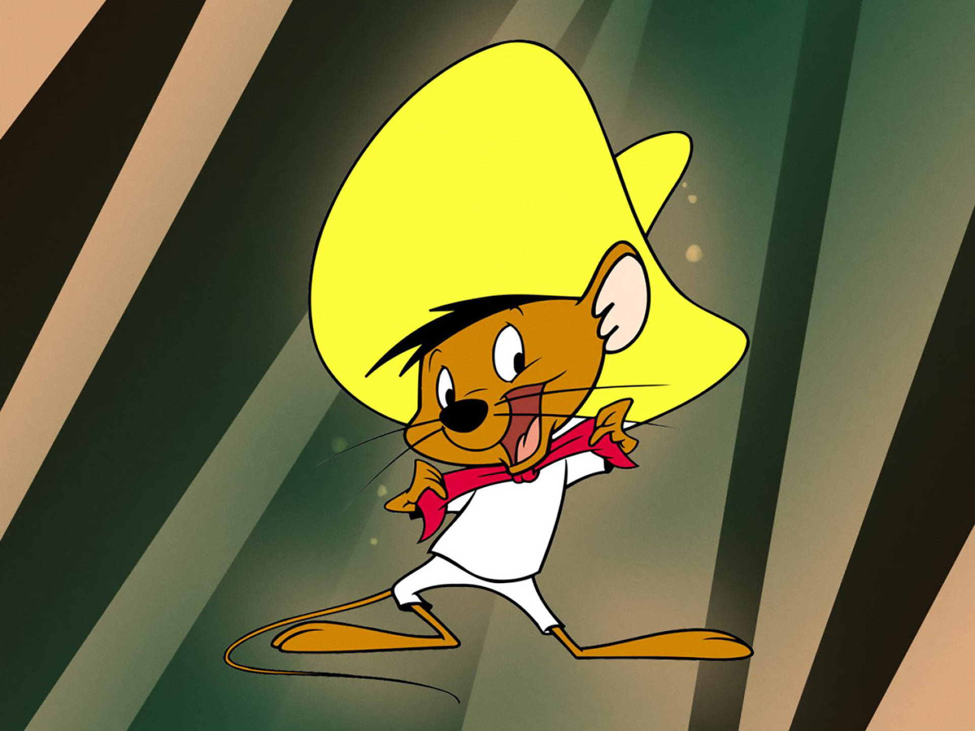 Speedy Gonzales 桌布 壁紙 — 一隻卡通老鼠戴著黃色闊邊帽和紅色蝴蝶結，在聚光燈下充滿活力地跳舞。