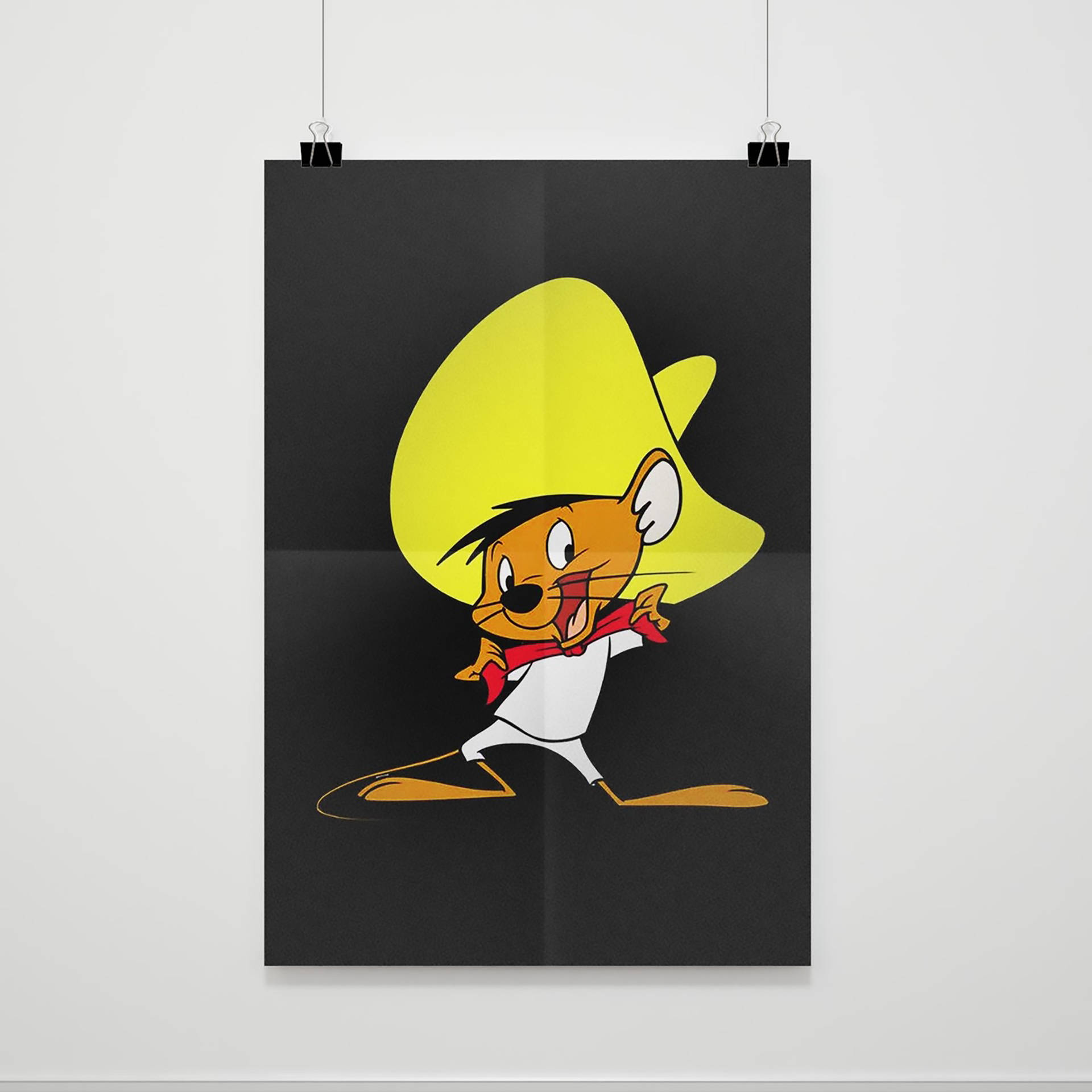 Speedy Gonzales 桌布 壁紙 — 一隻卡通老鼠戴著黃色闊邊帽和紅色圍巾，在黑色背景前充滿活力地跳舞。
