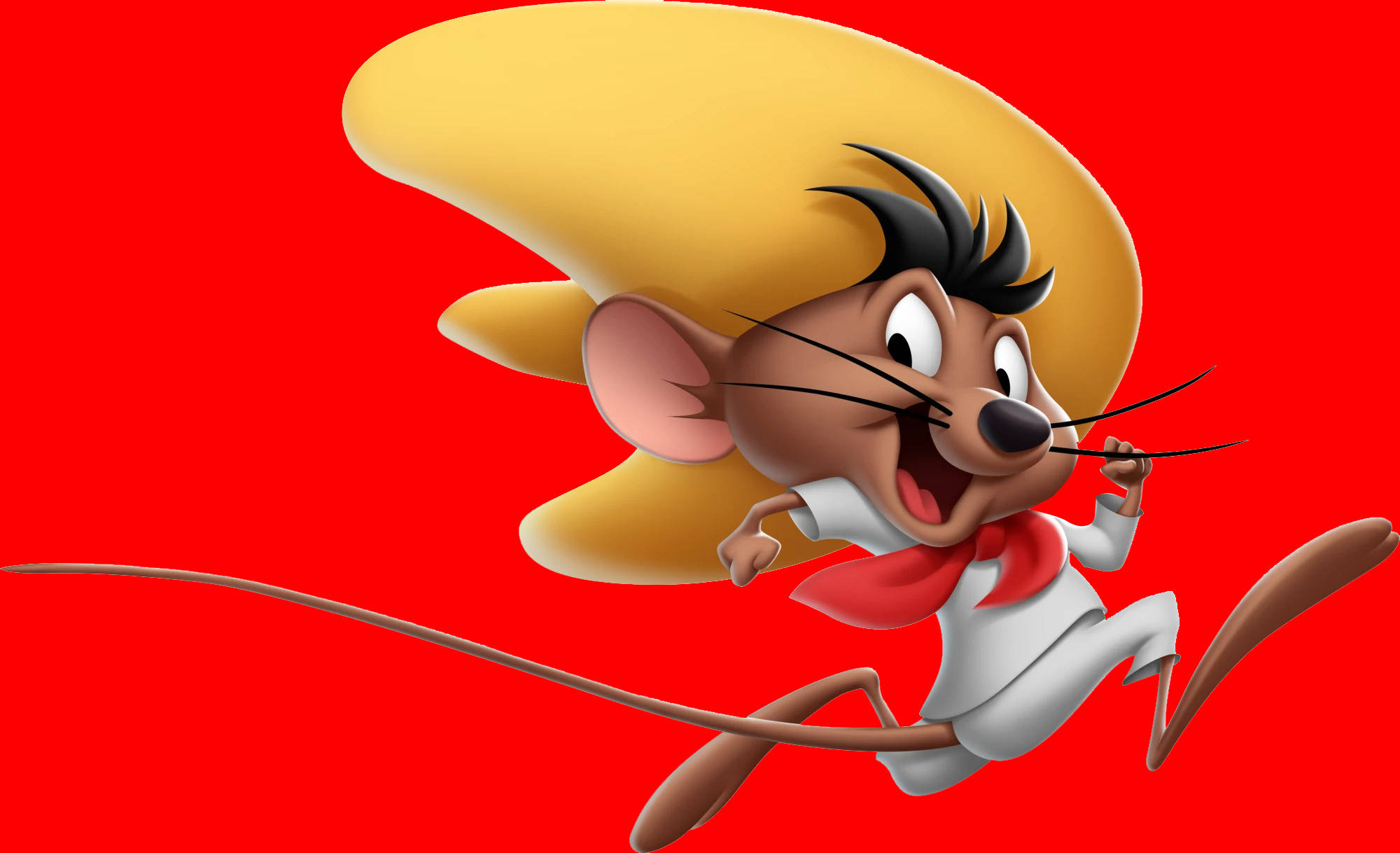 Speedy Gonzales 桌布 壁紙 — 一隻卡通老鼠戴著黃色闊邊帽和紅色圍巾，在鮮豔的紅色背景上歡快地跳躍。