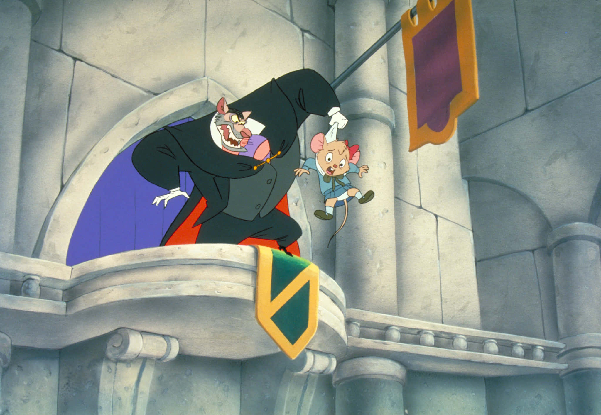The Great Mouse Detective 桌布 壁紙 — 一隻卡通老鼠英雄在石城堡陽台上跳離一個威脅性的老鼠反派。