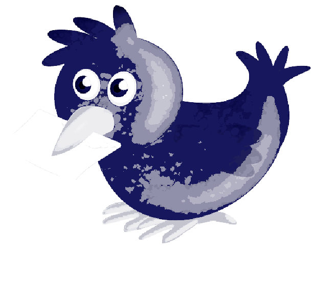 Pigeon 桌布 壁紙 — 一隻卡通藍色大眼鳥在純黑背景上拿著一個白色信封。