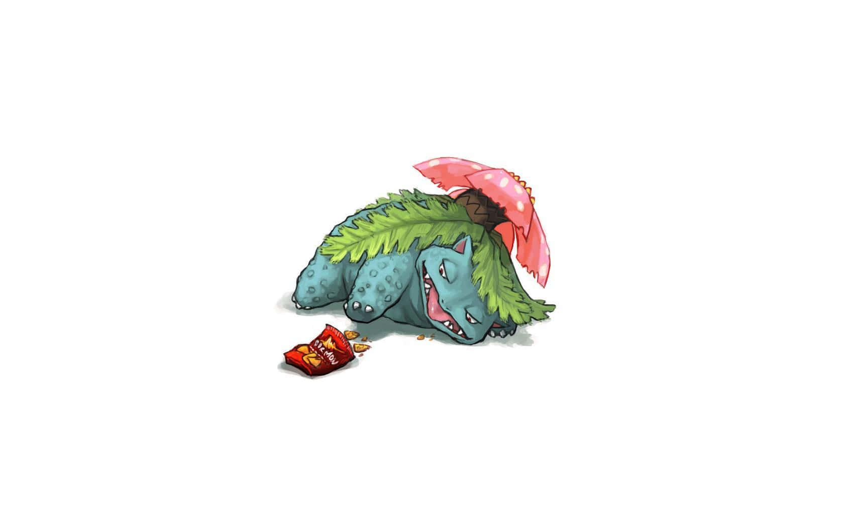 Pokemon Funny 桌布 壁紙 — 一隻卡通藍色寶可夢，背上有綠色葉子，拿著粉紅色雨傘，在白色背景上睡在紅色零食袋旁邊。