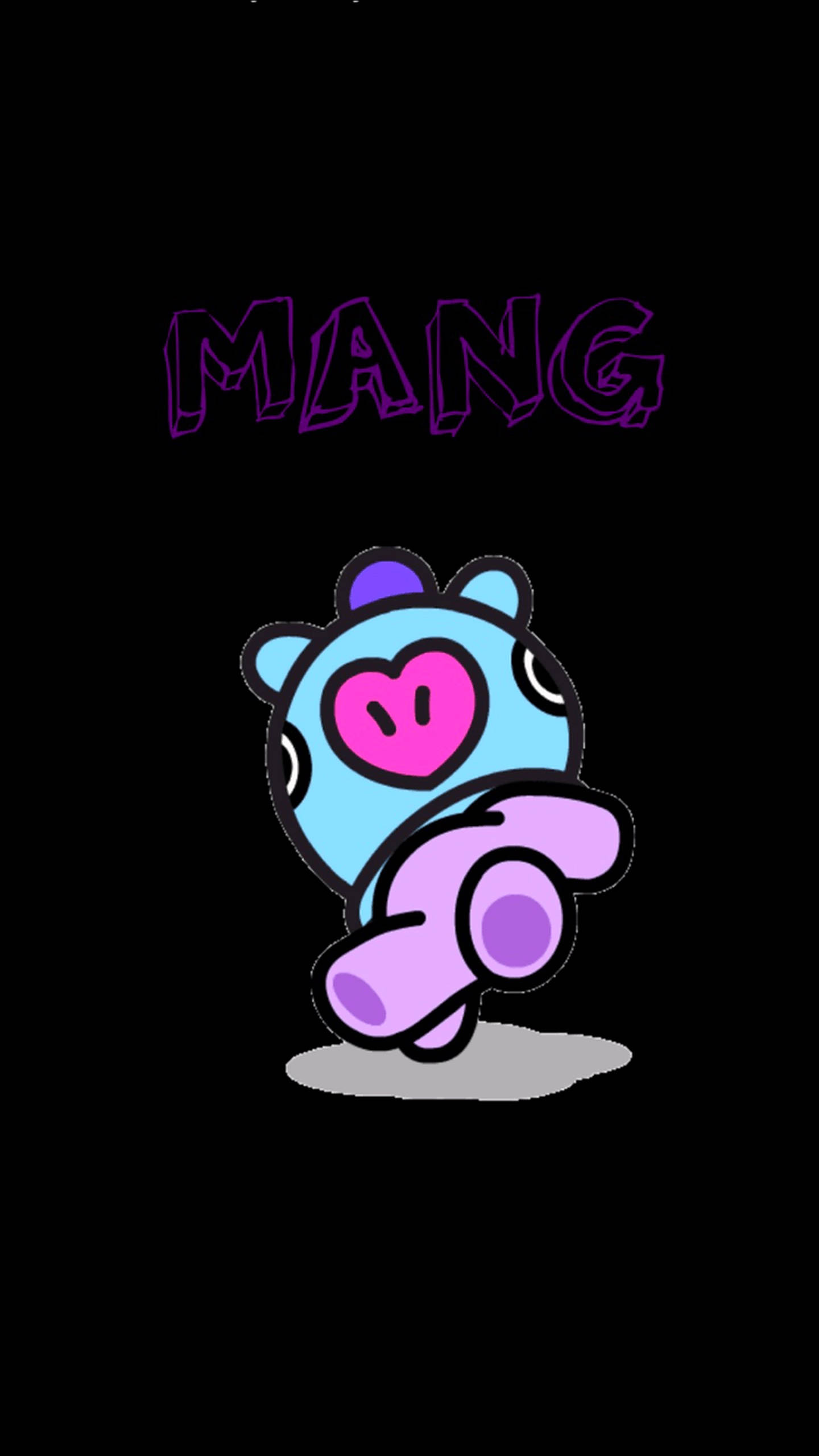 mang bt21 桌布 壁紙 — 一隻卡通藍色熊，帶有粉紅色心形臉和紫色四肢，站在黑色背景上，上方有紫色 'MANG' 文字。
