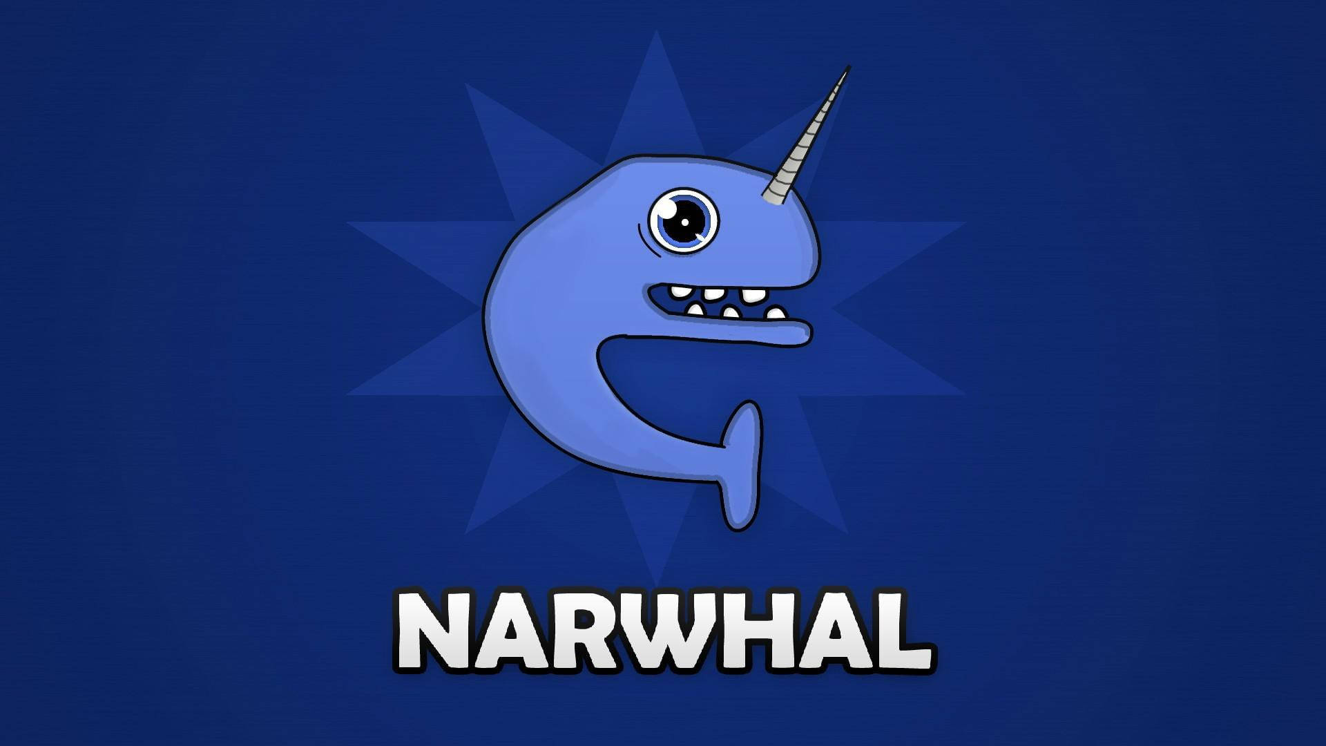 Narwhal 桌布 壁紙 — 一隻卡通藍色獨角鯨，有螺旋狀長牙和尖銳牙齒，在星爆背景下微笑，下方有NARWHAL字樣。