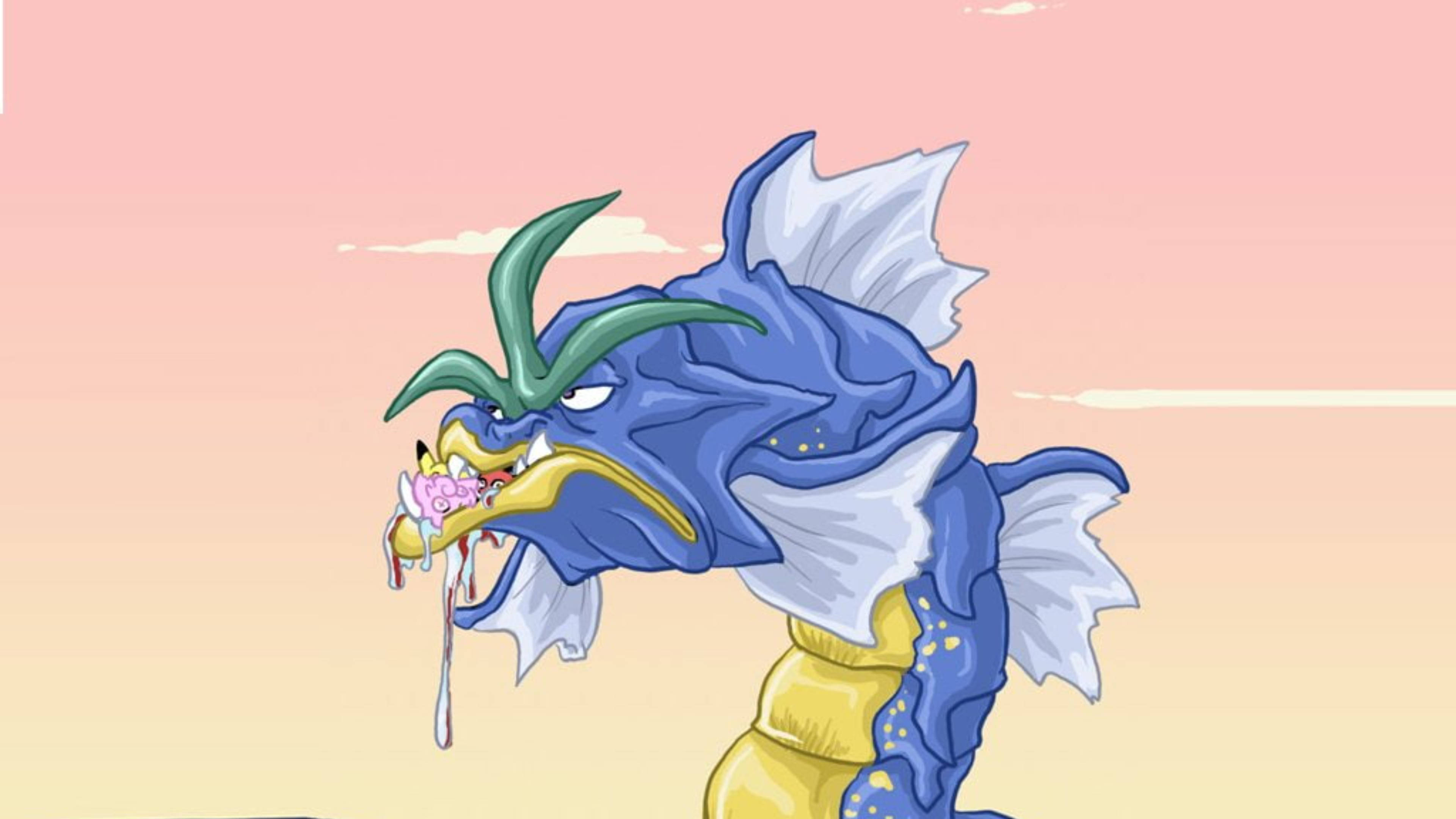 Gyarados 桌布 壁紙 — 一隻卡通藍色龍，有綠色角和白色鰭，正在咬一個粉紅色的大腦，背景是柔和的粉紅色和黃色天空。