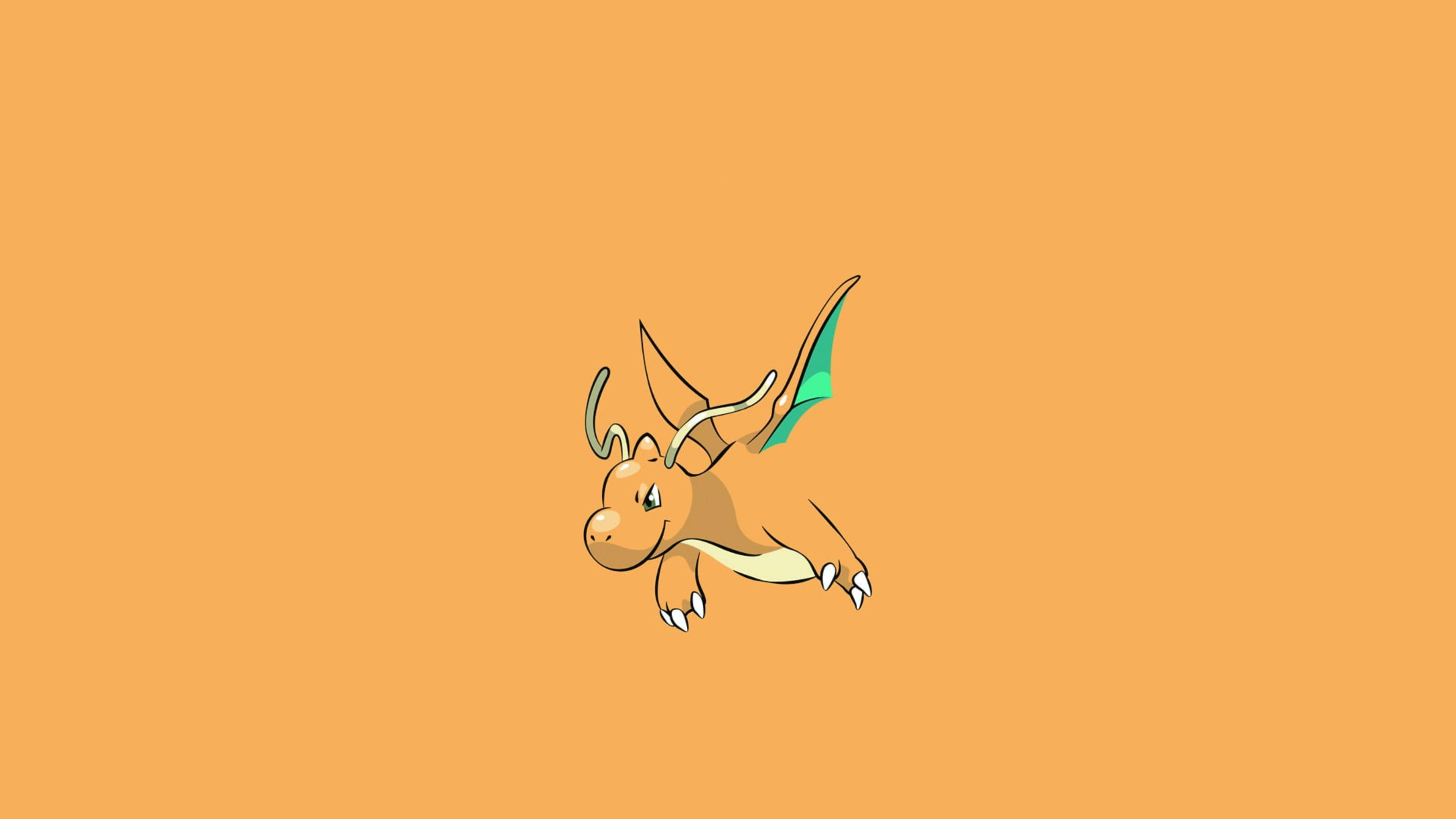 Dragonite 桌布 壁紙 — 一隻卡通蜻蜓長著綠色翅膀，在橙色背景上飛翔。