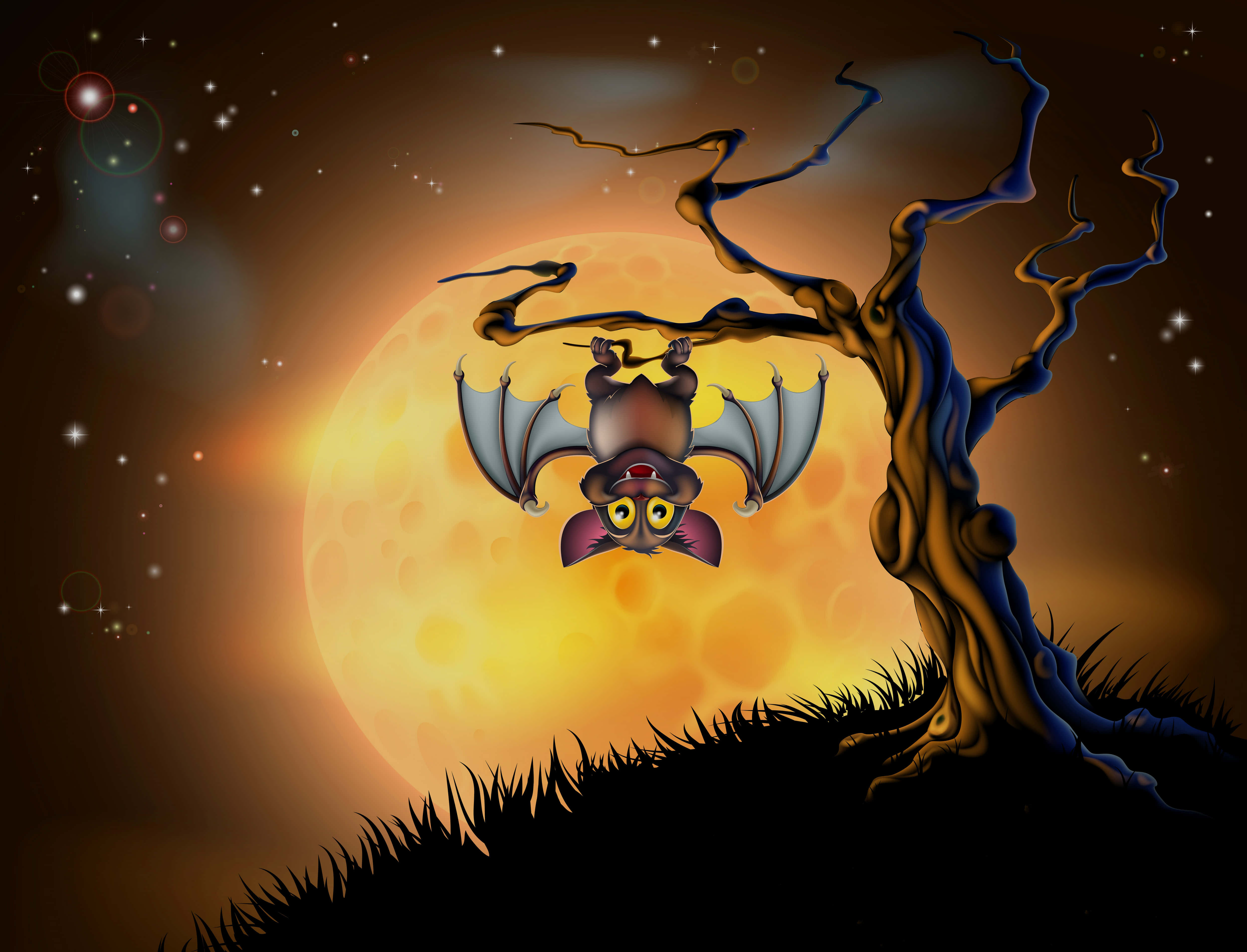bat 桌布 壁紙 — 一隻卡通蝙蝠倒掛在彎曲的樹枝上，背景是發光的滿月和繁星點點的夜空。
