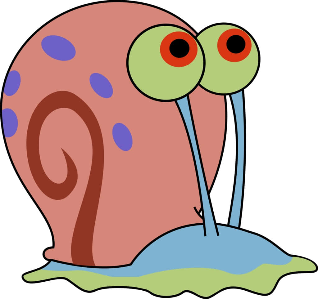 Gary The Snail 桌布 壁紙 — 一隻卡通蝸牛，有粉紅色殼、紫色斑點，以及長柄上的超大綠色眼睛，在藍色黏液痕跡上滑行。
