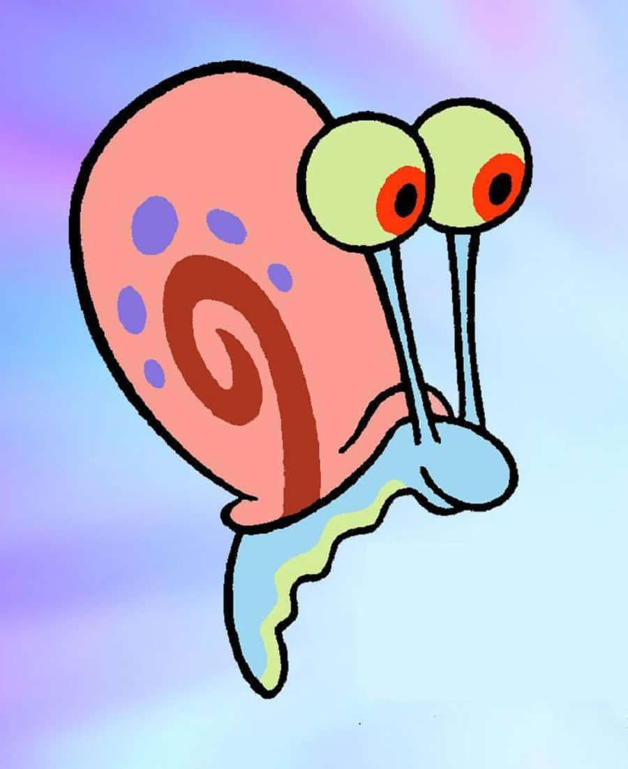 Gary The Snail 桌布 壁紙 — 一隻卡通蝸牛，有粉紅色殼和大綠色眼睛，漂浮在柔和的紫色和藍色漸變背景上。