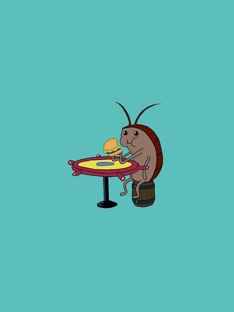 Krabby Patty 桌布 壁紙 — 一隻卡通蟑螂坐在桶子上，在一張小圓桌上吃漢堡，背景是純青色。