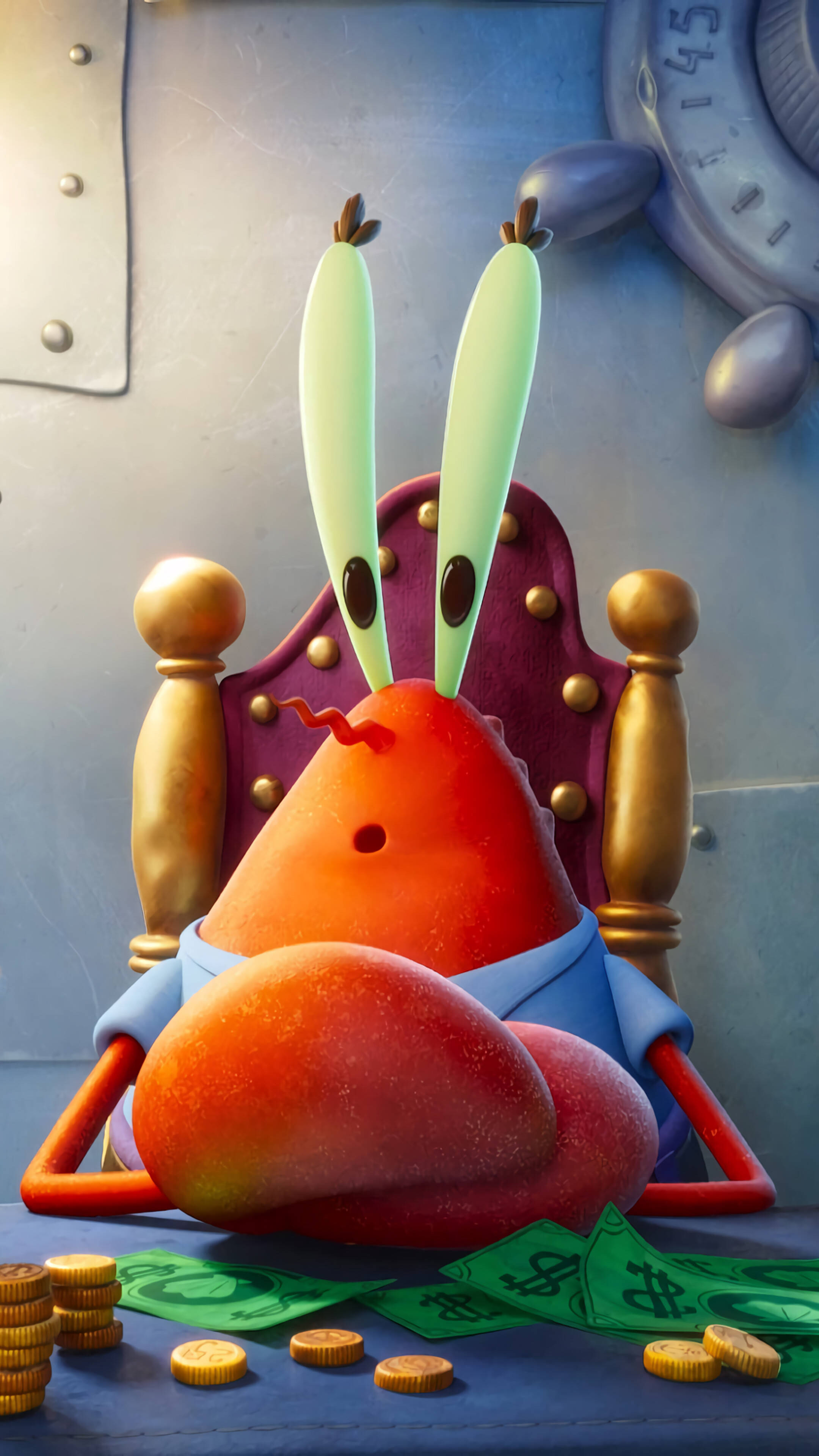 Mr Krabs 桌布 壁紙 — 一隻卡通蟹在金屬房間內的皇家椅上，周圍是錢和硬幣。