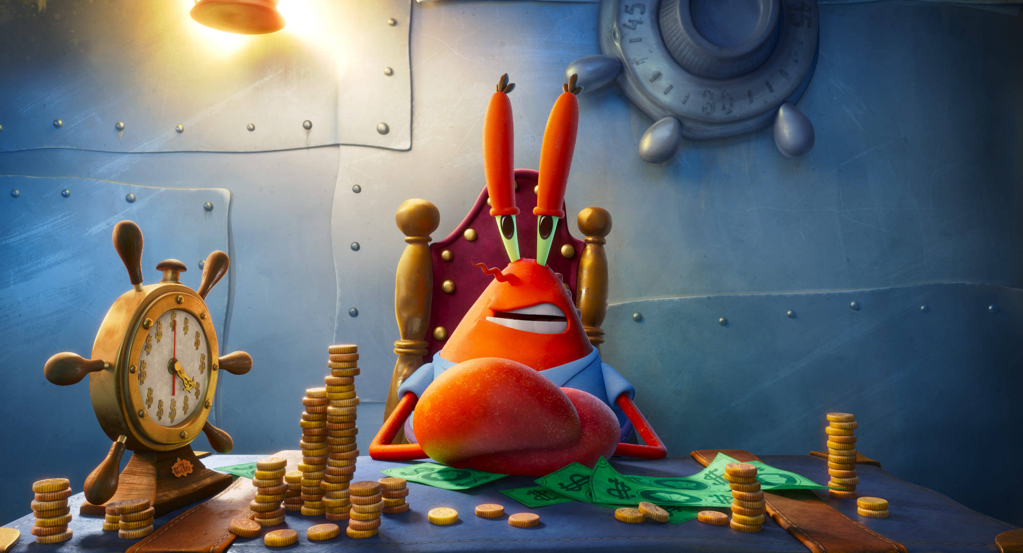 Mr Krabs 桌布 壁紙 — 一隻卡通蟹坐在船長椅上，周圍是船艙內堆積如山的硬幣和金錢。