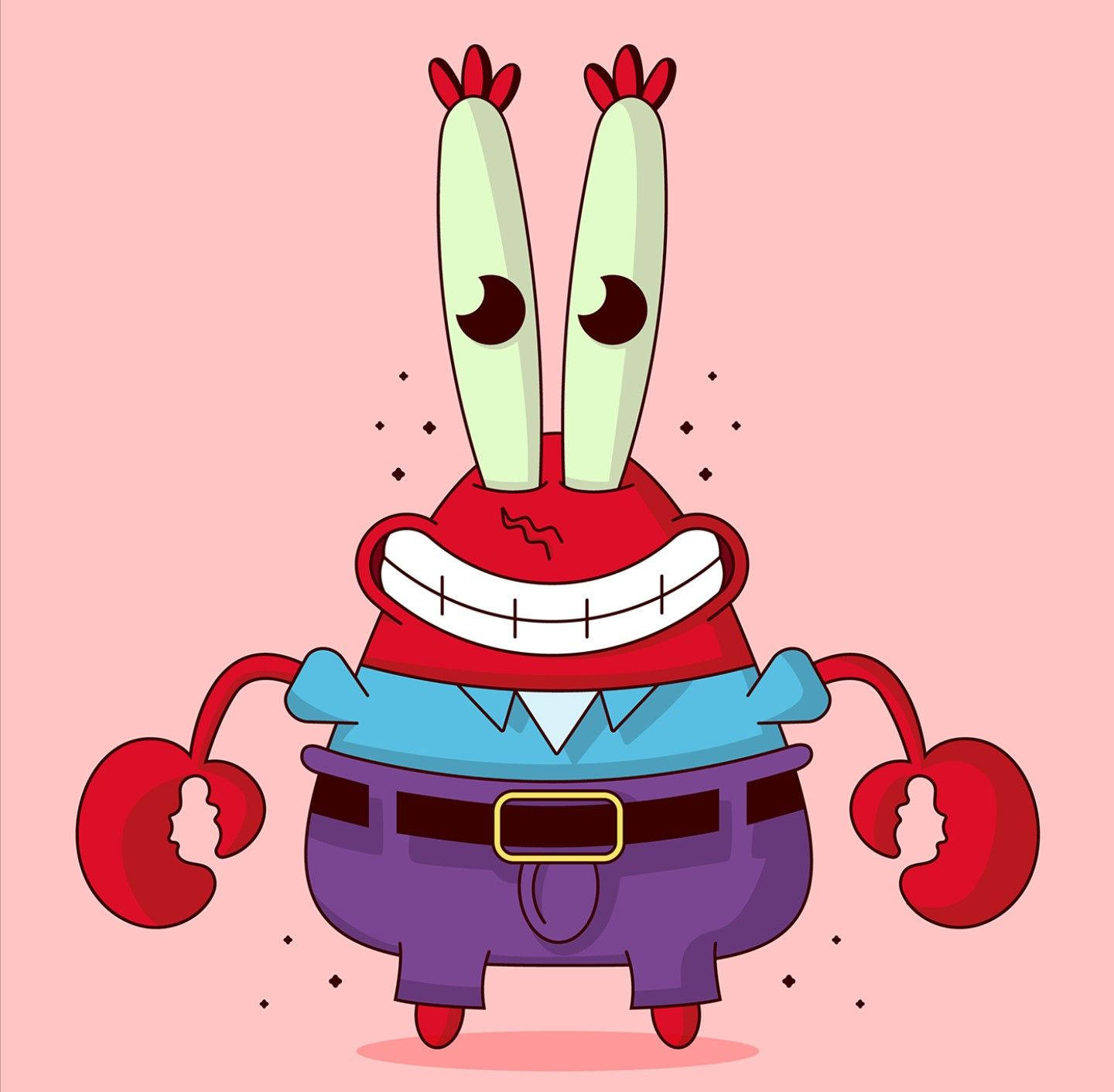 Mr Krabs 桌布 壁紙 — 一隻卡通蟹有長觸角和咧嘴笑，站在純粉紅色背景前，穿著藍色襯衫和紫色褲子。