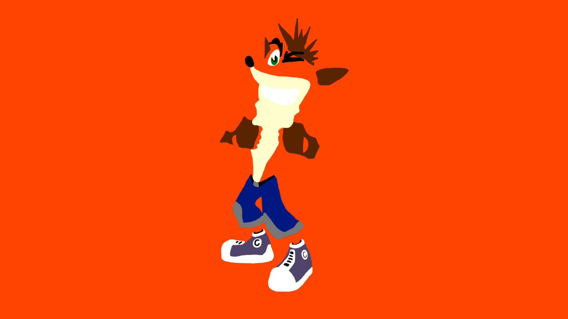 Bandicoot 桌布 壁紙 — 一隻卡通袋狸，有尖刺的棕色頭髮和藍色牛仔褲，自信地站在純橙色背景前。