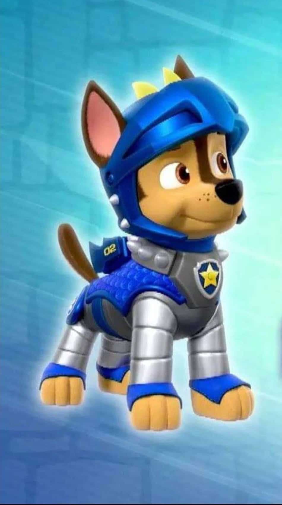 Chase Paw Patrol 桌布 壁紙 — 一隻卡通警察小狗穿著藍色盔甲和頭盔，在發光的藍色背景前警覺地站立。