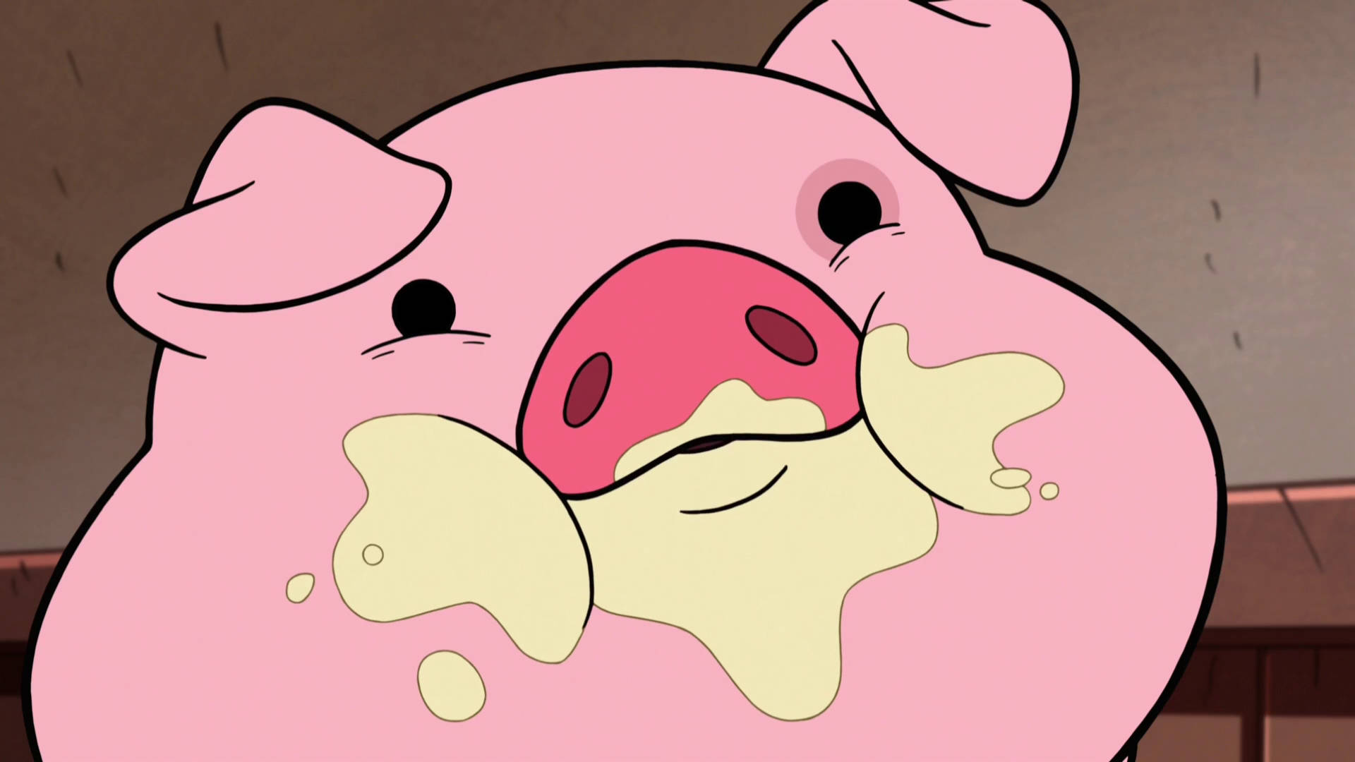 waddles 桌布 壁紙 — 一隻卡通豬，臉上沾滿黃色黏稠物，看起來滿足又有點茫然。