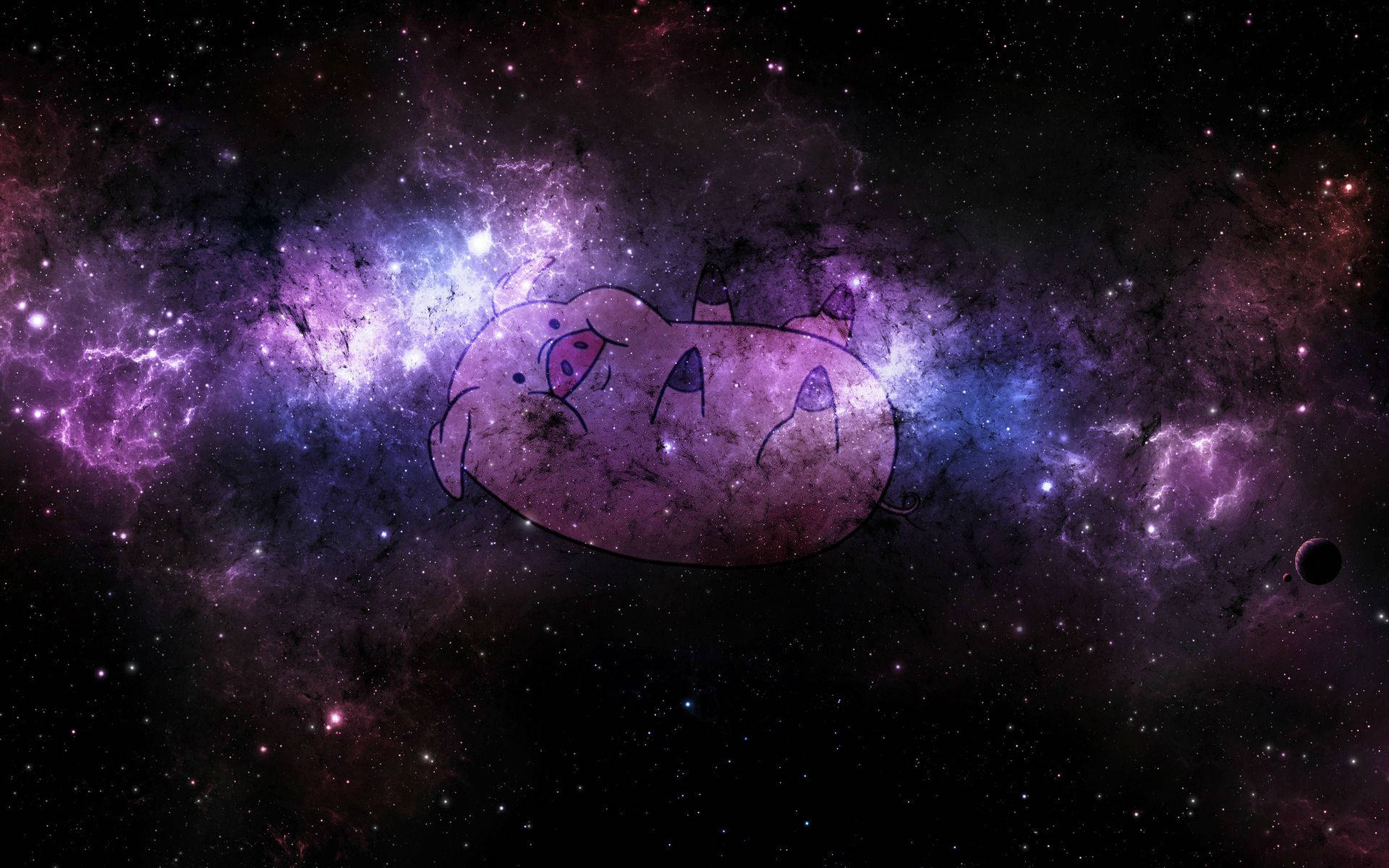 waddles 桌布 壁紙 — 一隻卡通豬在充滿星星的鮮豔紫色和藍色宇宙星雲中平靜地漂浮。