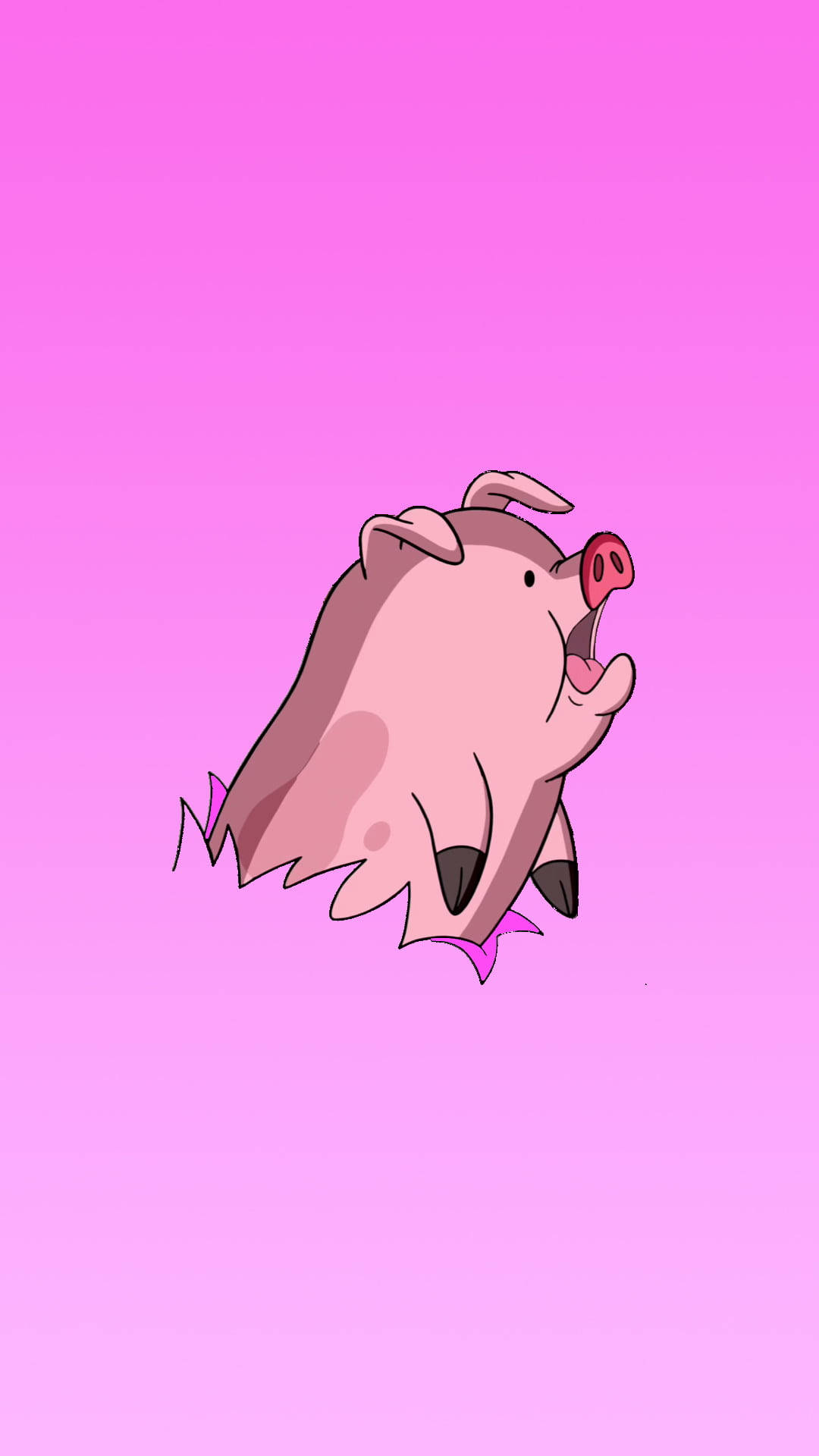 waddles 桌布 壁紙 — 一隻卡通豬帶著驚訝的表情漂浮在漸變粉紅色背景上。