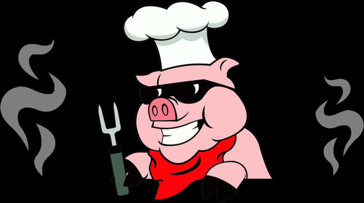 Chef Hat 桌布 壁紙 — 一隻卡通豬廚師戴著白色帽子和紅色圍裙，在黑色背景前揮舞著叉子，周圍有蒸汽旋轉。