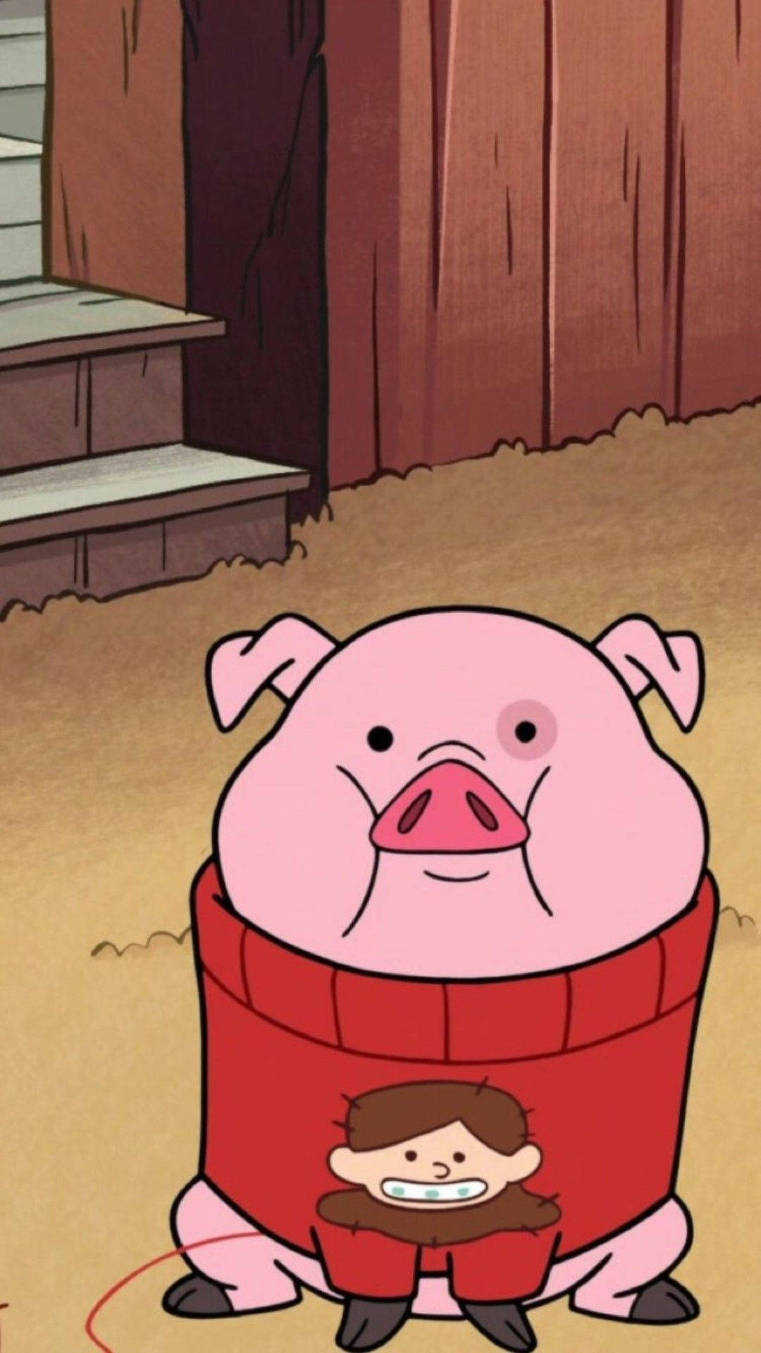 waddles 桌布 壁紙 — 一隻卡通豬穿著紅色毛衣，在穀倉環境中，一個小孩從它的肚子裡探出頭來。