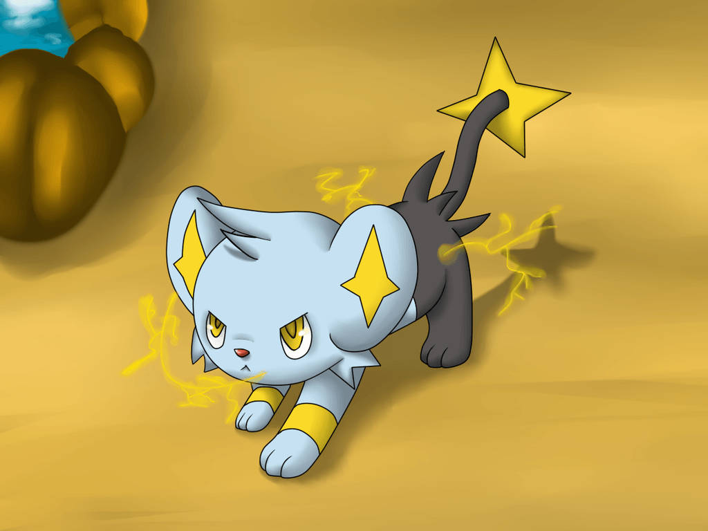 Shinx 桌布 壁紙 — 一隻卡通貓，帶有黃色星星標記和閃電效果，蹲在金色沙地上。