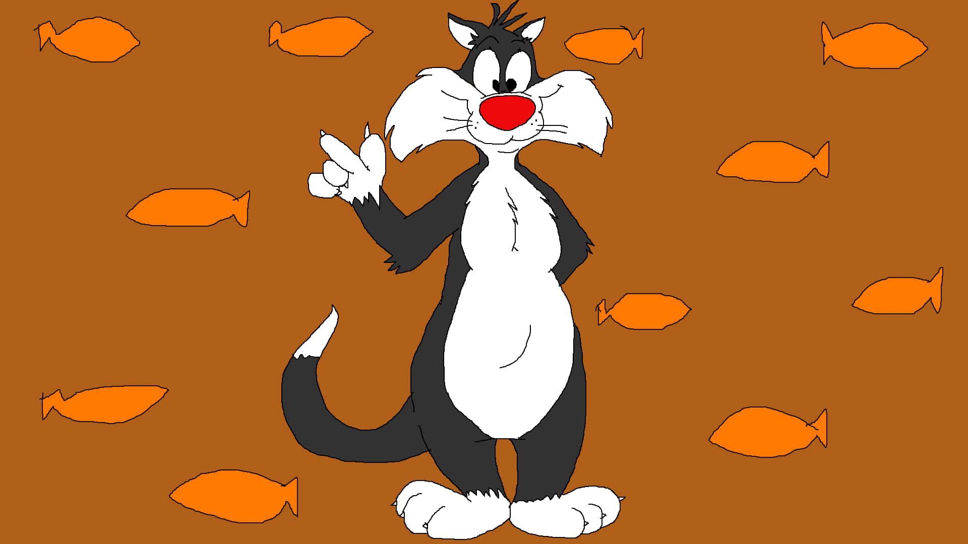 Sylvester The Cat 桌布 壁紙 — 一隻卡通貓，紅鼻子白毛，站在棕色背景上的橙色魚群中。