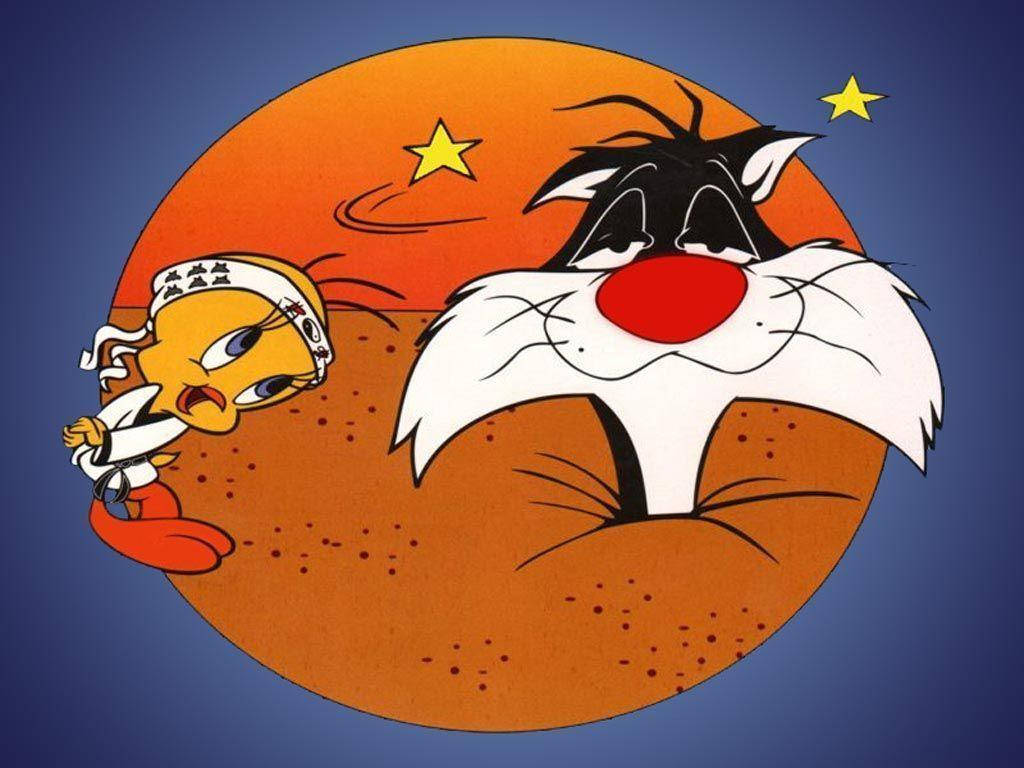 Sylvester 桌布 壁紙 — 一隻卡通貓，紅鼻子白鬍子，睡在星球上，一隻戴頭帶的小黃鳥在旁觀看。