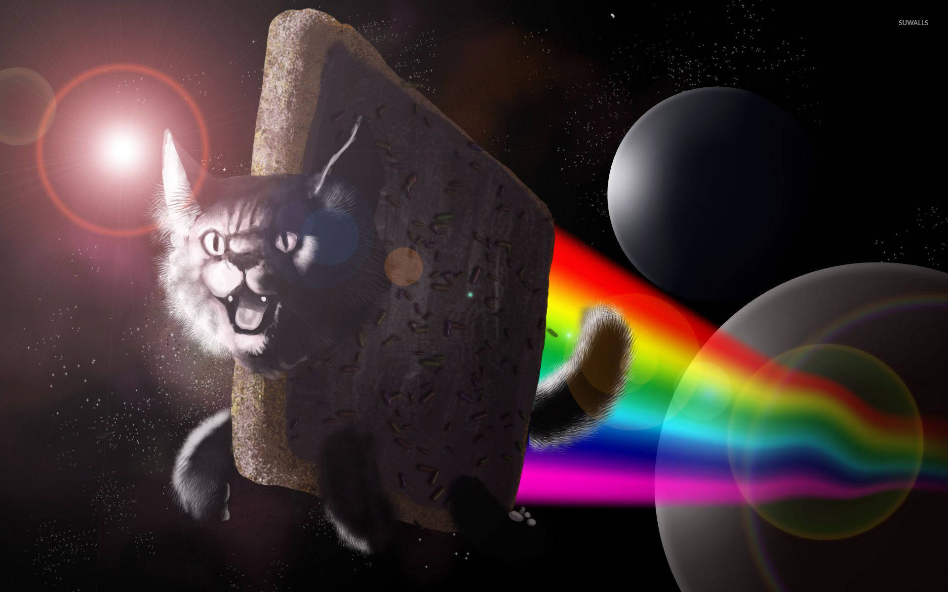 Nyan 桌布 壁紙 — 一隻卡通貓咧嘴大笑，在太空中拿著一個巨大的米糕，尾巴射出一道彩虹光束，附近有行星和星星。