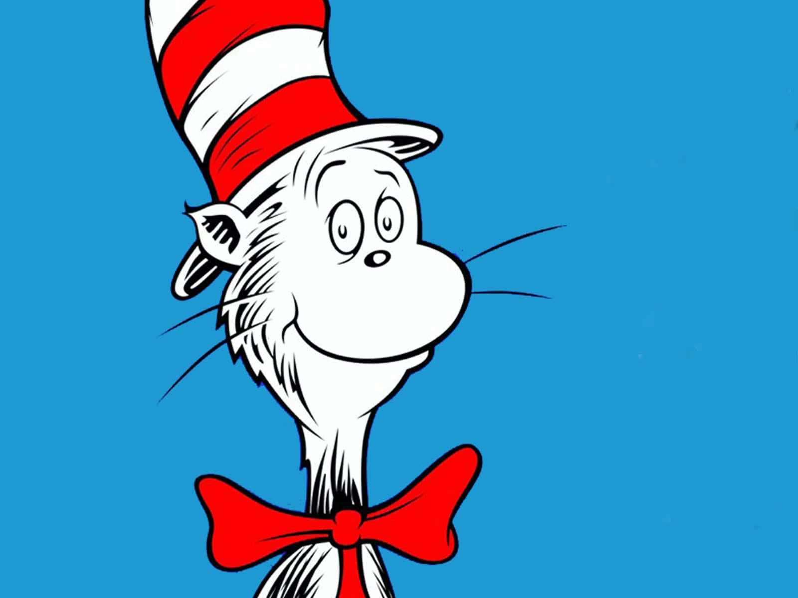 Cat In The Hat 桌布 壁紙 — 一隻卡通貓咪，戴著紅白條紋帽子和紅色蝴蝶結，背景為純藍色。