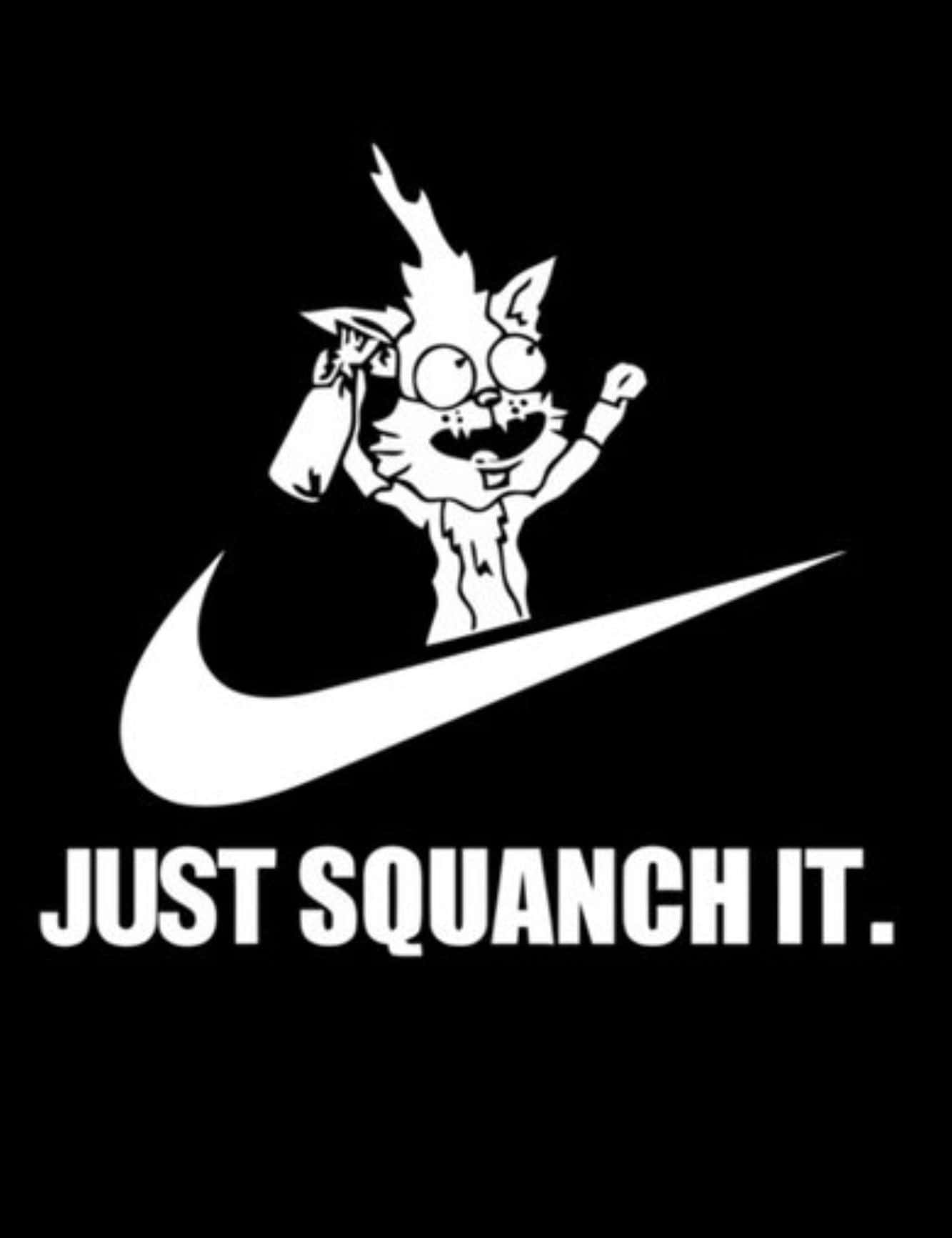 Squanchy 桌布 壁紙 — 一隻卡通貓咪，有著狂野的頭髮和眼鏡，勝利地高舉噴漆罐，位於一個巨大的Nike勾勾上方，並帶有文字just squanch it。