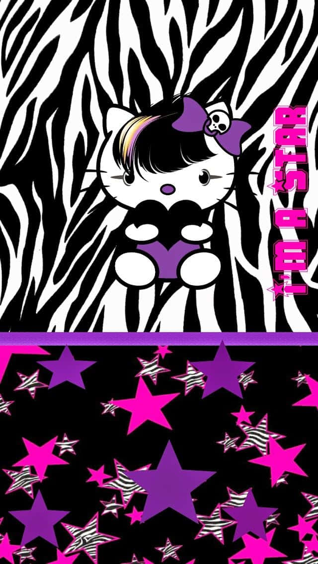 Emo Hello Kitty 桌布 壁紙 — 一隻卡通貓咪戴著紫色骷髏頭蝴蝶結，在帶有粉紅色星星的斑馬紋背景上抱著一顆紫色心形。