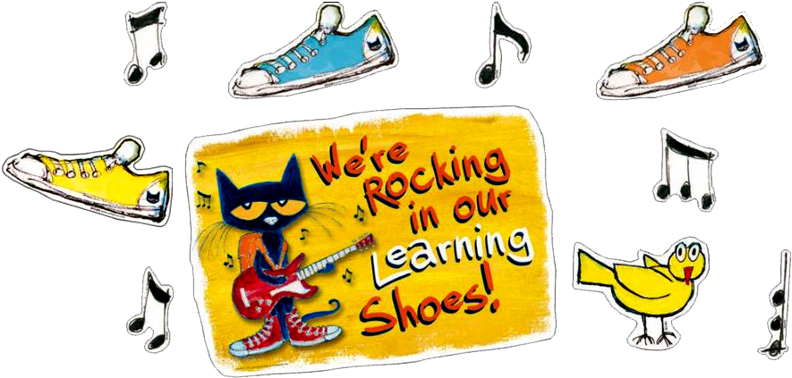 Pete The Cat 桌布 壁紙 — 一隻卡通貓在黑色背景上彈吉他，周圍環繞著色彩繽紛的運動鞋和音符。