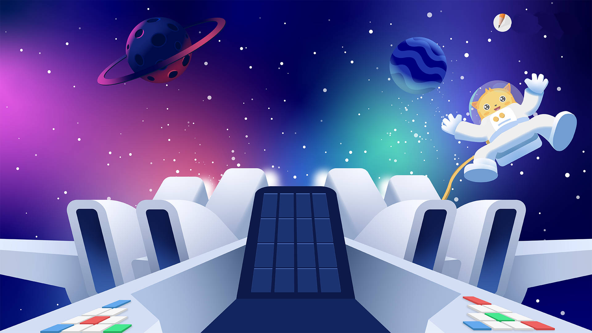 Webex 桌布 壁紙 — 一隻卡通貓太空人在充滿活力的宇宙場景中快樂漂浮，周圍有色彩繽紛的行星和未來風格的太空船內部。