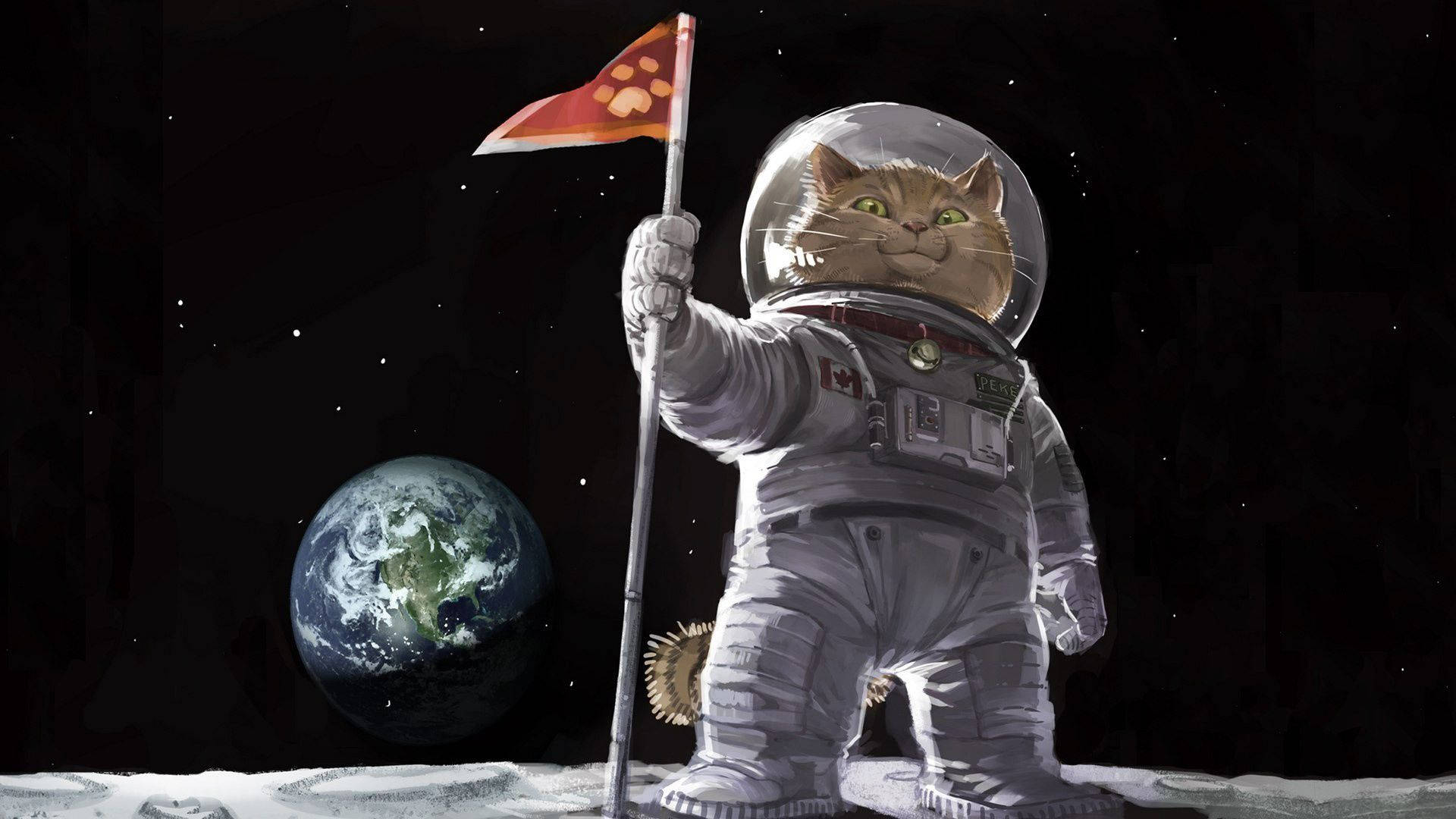 貓咪藝術 桌布 壁紙 — 一隻卡通貓太空人自豪地在月球上插上腳印旗，背景可見地球。