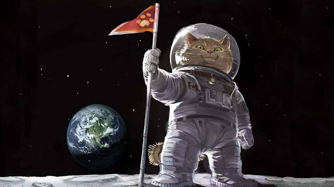 桌布 壁紙 — 一隻卡通貓太空人自豪地在月球上插上一面爪印旗，背景可見地球。