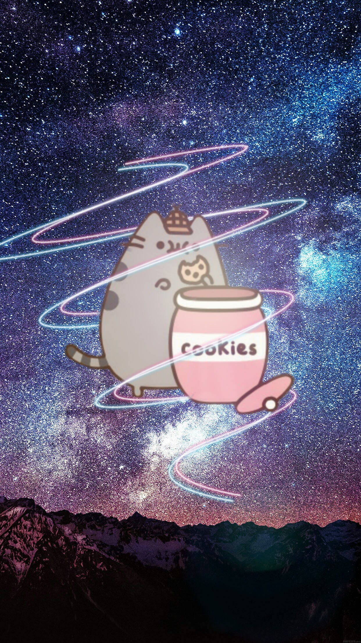 Picsart 桌布 壁紙 — 一隻卡通貓拿著餅乾罐漂浮在發光的霓虹環之間，背景是雪山之上的星空宇宙天空。