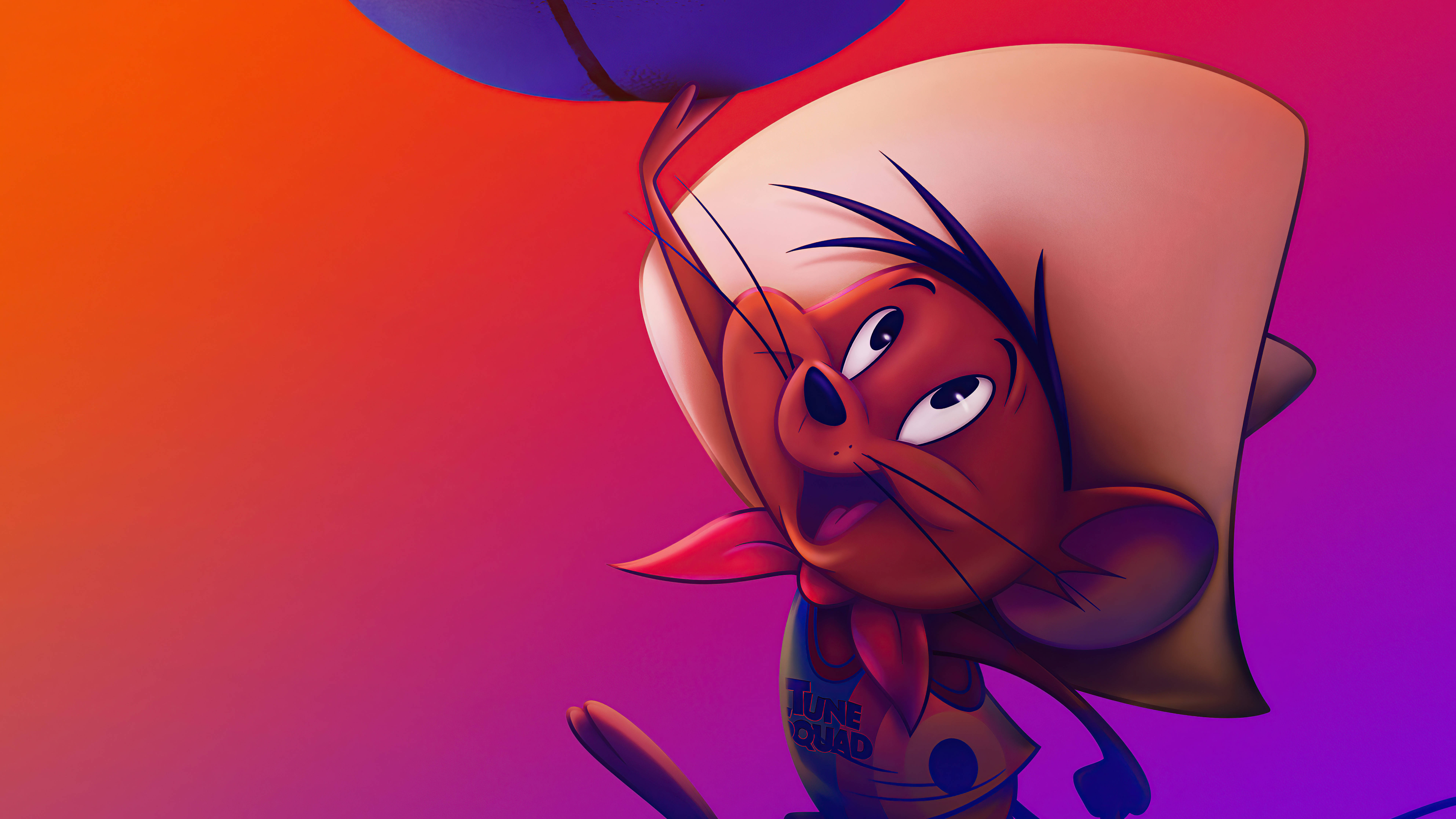 jam 桌布 壁紙 — 一隻卡通貓穿著超級英雄服裝，披著斗篷，拿著籃球，背景是鮮豔的漸變色。