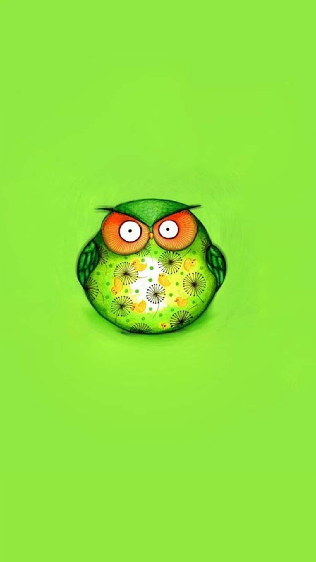 桌布 壁紙 — 一隻卡通貓頭鷹，擁有橙色眼睛和蒲公英圖案，坐在明亮的綠色背景中央。