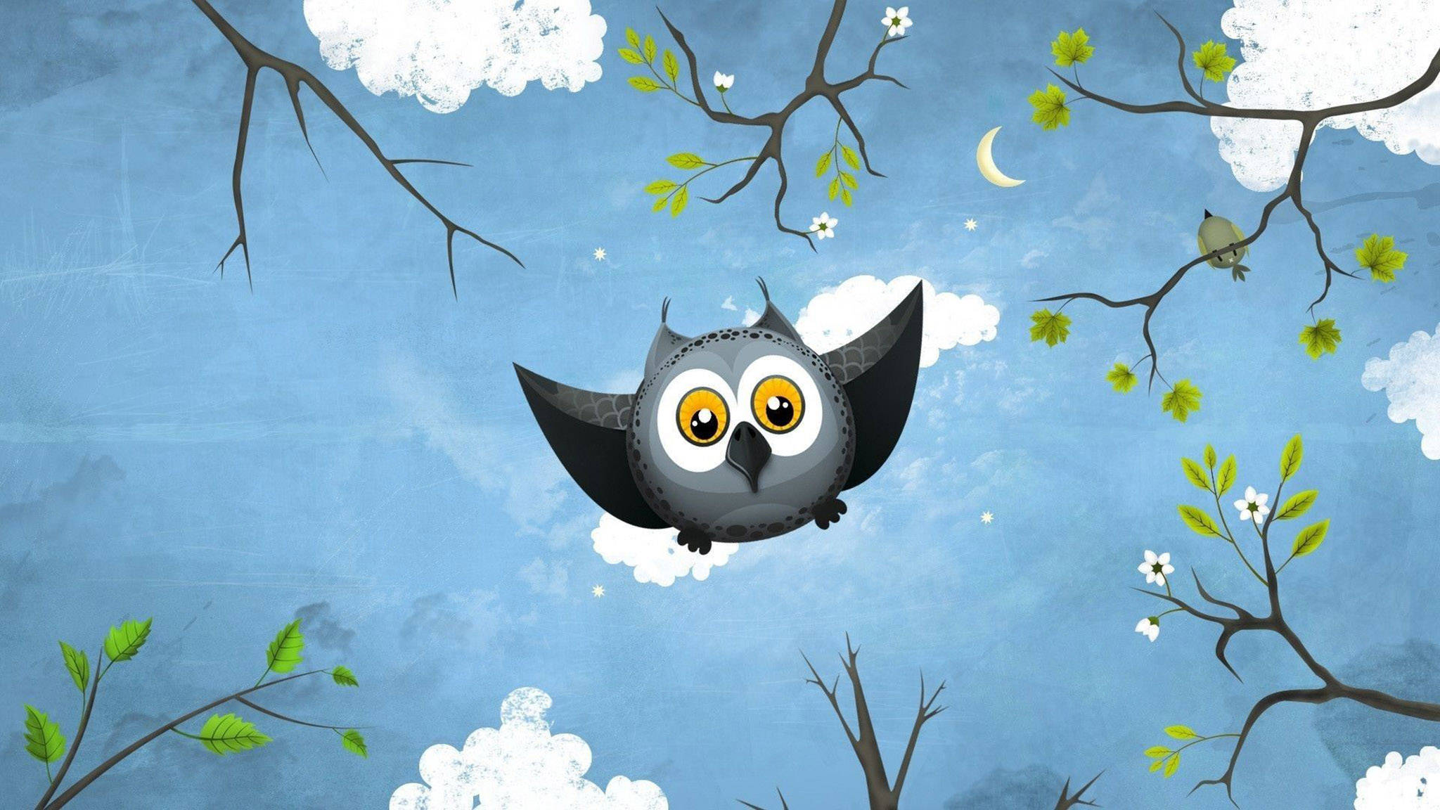 可愛貓頭鷹 桌布 壁紙 — 一隻卡通貓頭鷹，有著大大的黃色眼睛，在彎月下飛翔於春天的樹枝和雲朵之間。
