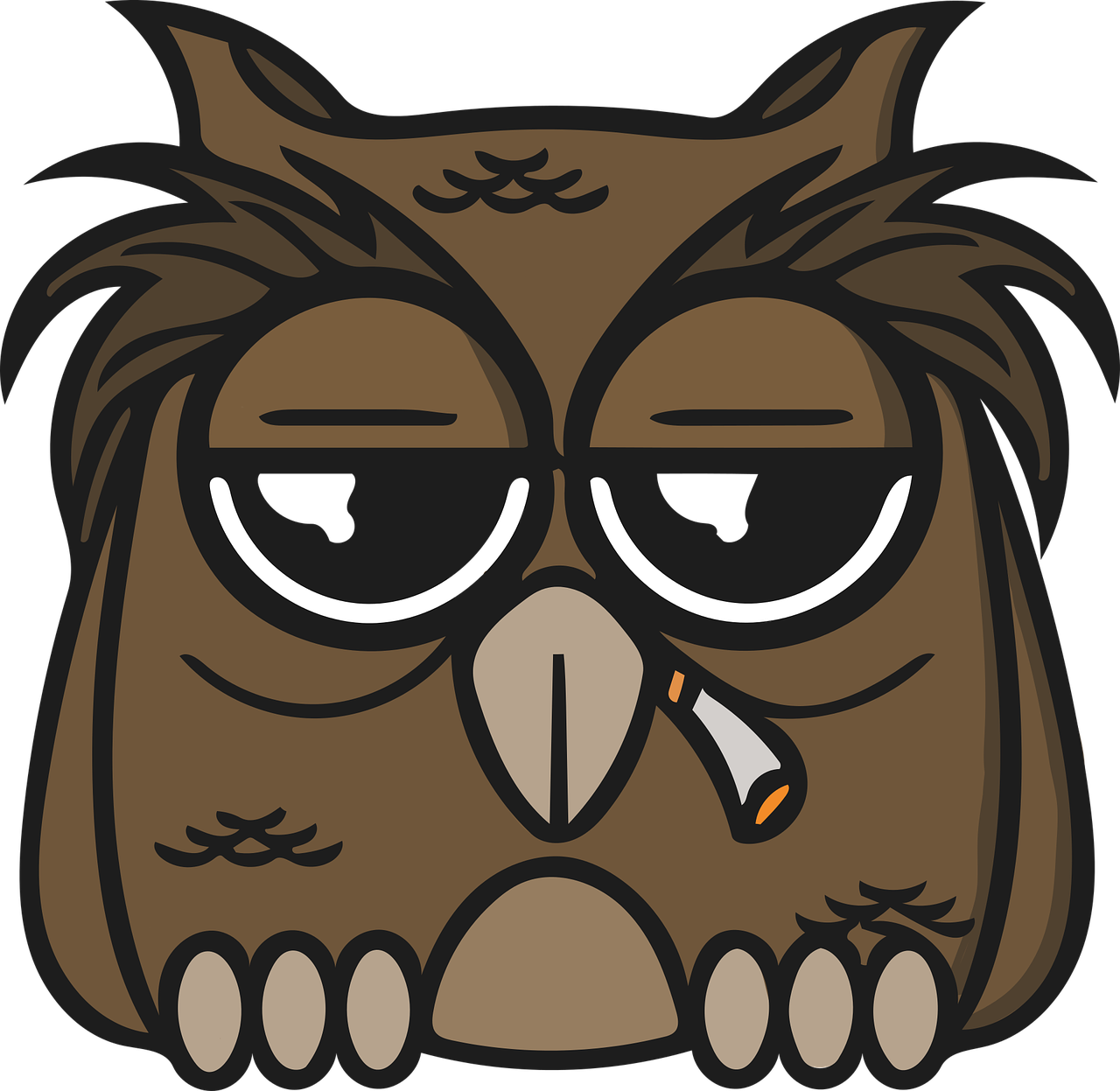 Owl Free 桌布 壁紙 — 一隻卡通貓頭鷹，眼睛疲憊，嘴上叼著一根香煙，背景為黑色。