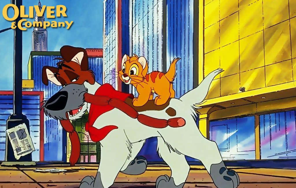 oliver and company 桌布 壁紙 — 一隻卡通貓騎著一隻白狗穿過一條充滿活力的城市街道，街道上有高樓大廈和一個報紙柱。