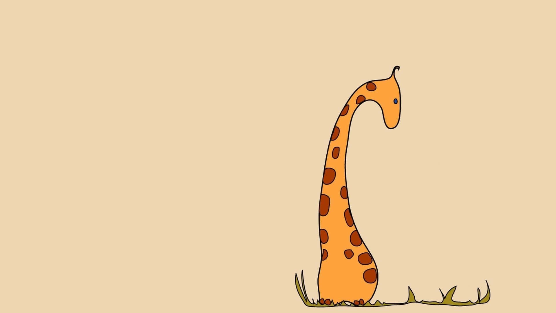 Baby Giraffe 桌布 壁紙 — 一隻卡通長頸鹿，橙色身體帶有棕色斑點，站在稀疏的草地上，背景是米色。