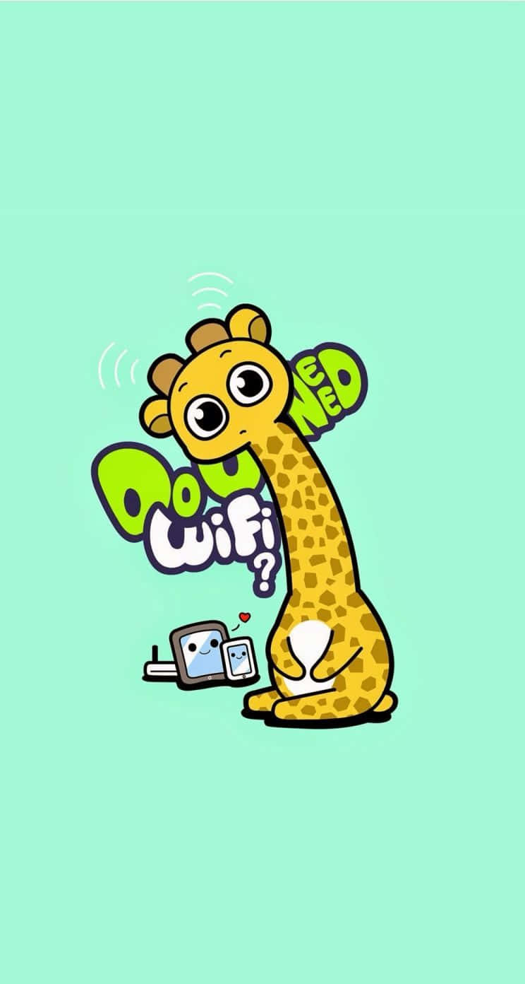 Cute Animals Cartoon 桌布 壁紙 — 一隻卡通長頸鹿，身上有斑點，大眼睛，拿著一個帶心形的路由器問『Do WiFi？』