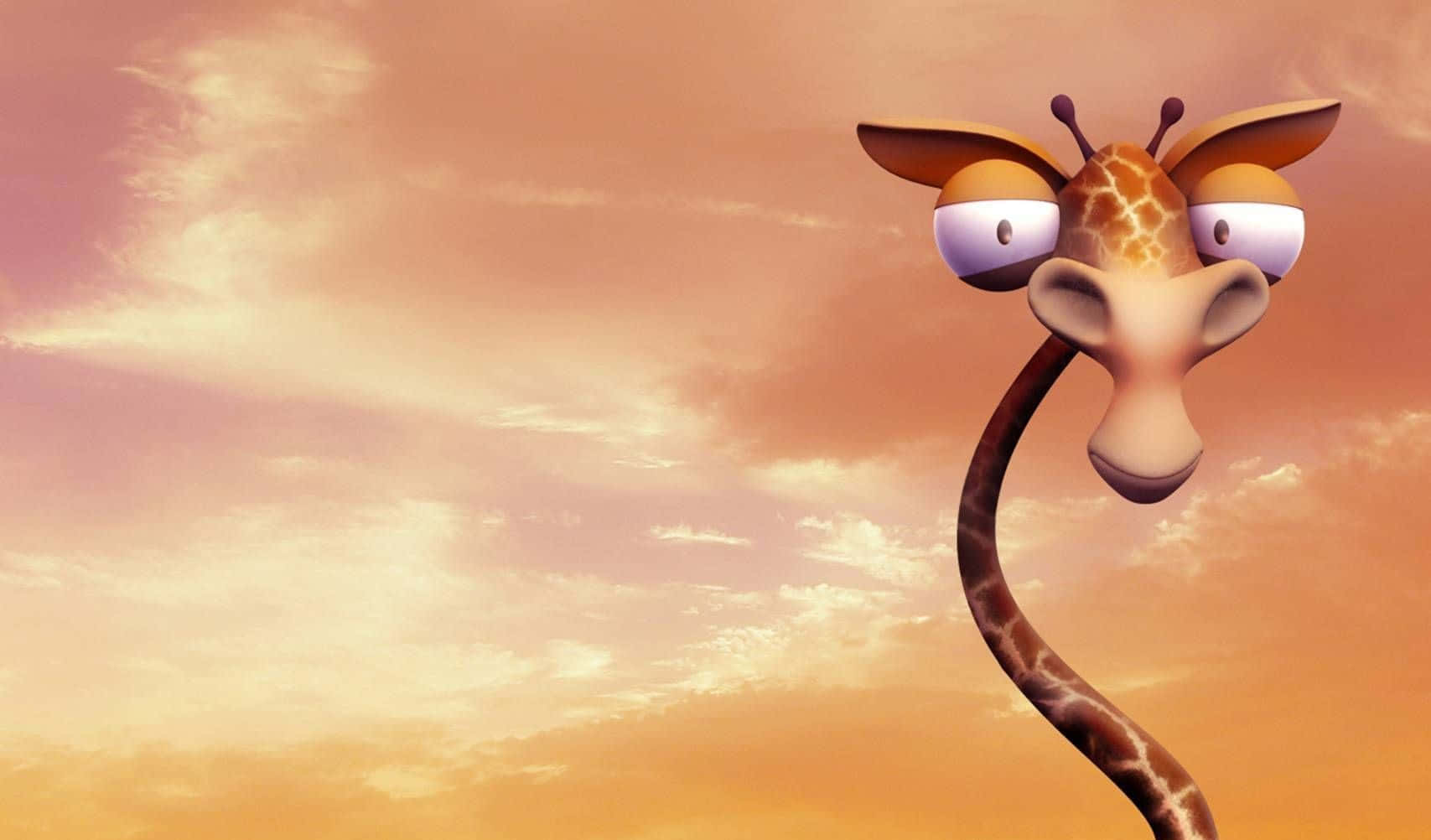 Kawaii Giraffe 桌布 壁紙 — 一隻卡通長頸鹿睜大眼睛，好奇地從溫暖的日落天空中探出頭來。