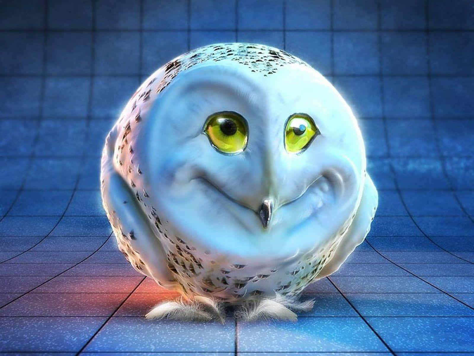 Cartoon Animal 桌布 壁紙 — 一隻卡通雪鴞，有著明亮的黃色眼睛和寬闊的笑容，站在藍色瓷磚地板上，腳部發出紅光。