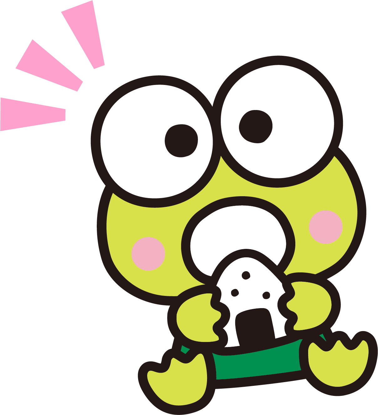 Cute Frog 桌布 壁紙 — 一隻卡通青蛙，大眼睛，粉紅臉頰，興奮地拿著一個白色餃子，背景為黑色。