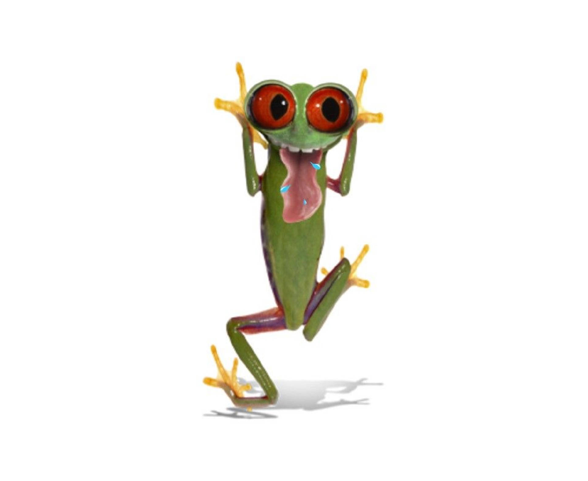 Kawaii Frog 桌布 壁紙 — 一隻卡通青蛙，有著巨大的紅色眼睛和一條長長的粉紅色舌頭，在舉起雙臂跳躍時伸出舌頭。